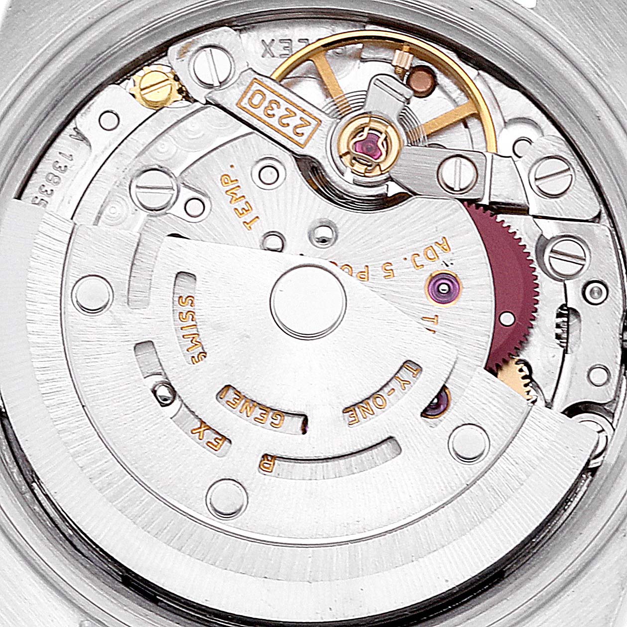 This image shows the internal mechanism of a Rolex Oyster Perpetual 76080 Women
s Stainless Steel Pink Dial 76080 Women
s Stainless Steel Pink Dial watch from a back view angle.
