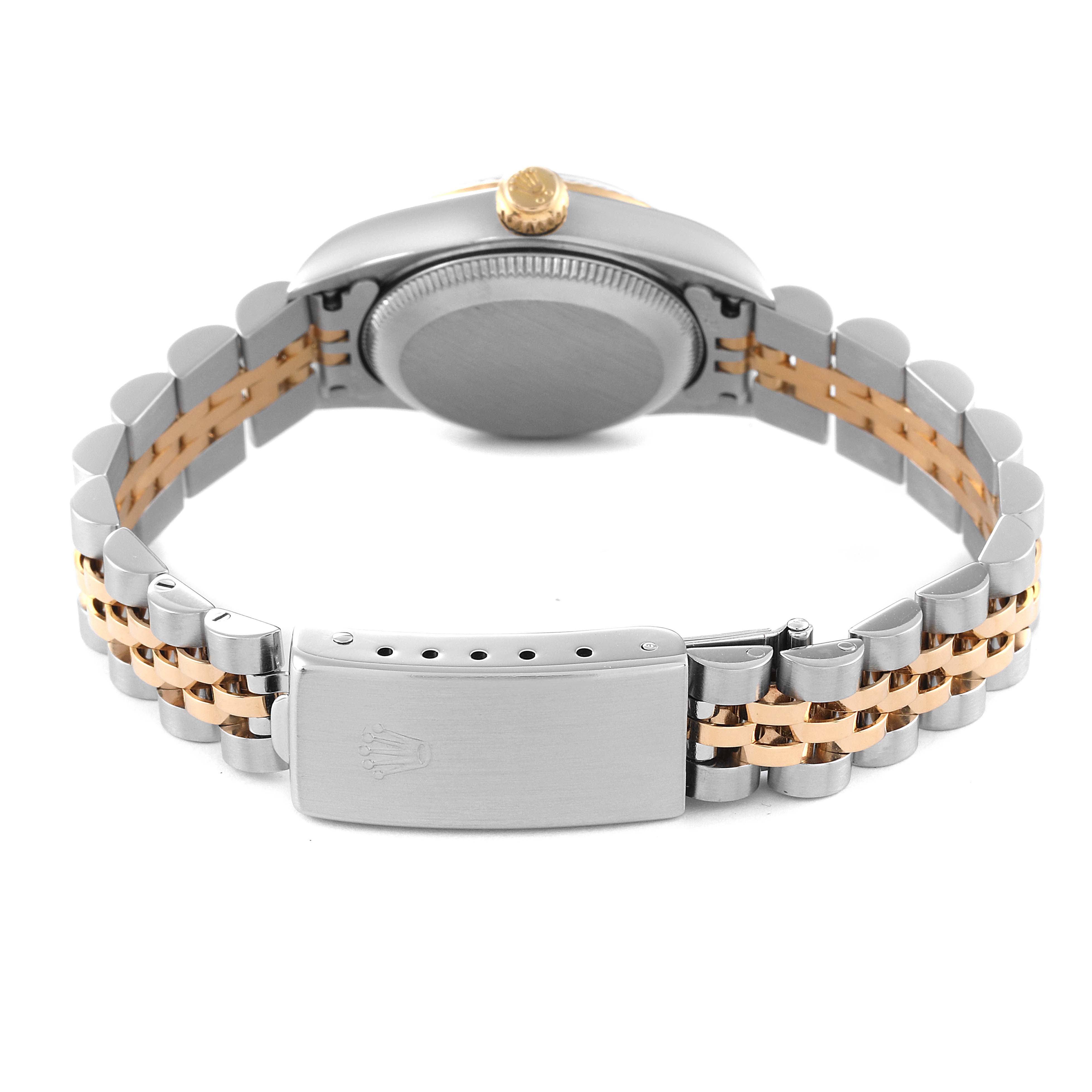 The image shows the rear view of the Rolex Oyster Perpetual 76193 Women
s Steel and Gold (two tone) Blue Dial 76193 Women
s Steel and Gold (two tone) Blue Dial, highlighting the clasp and two-tone bracelet.