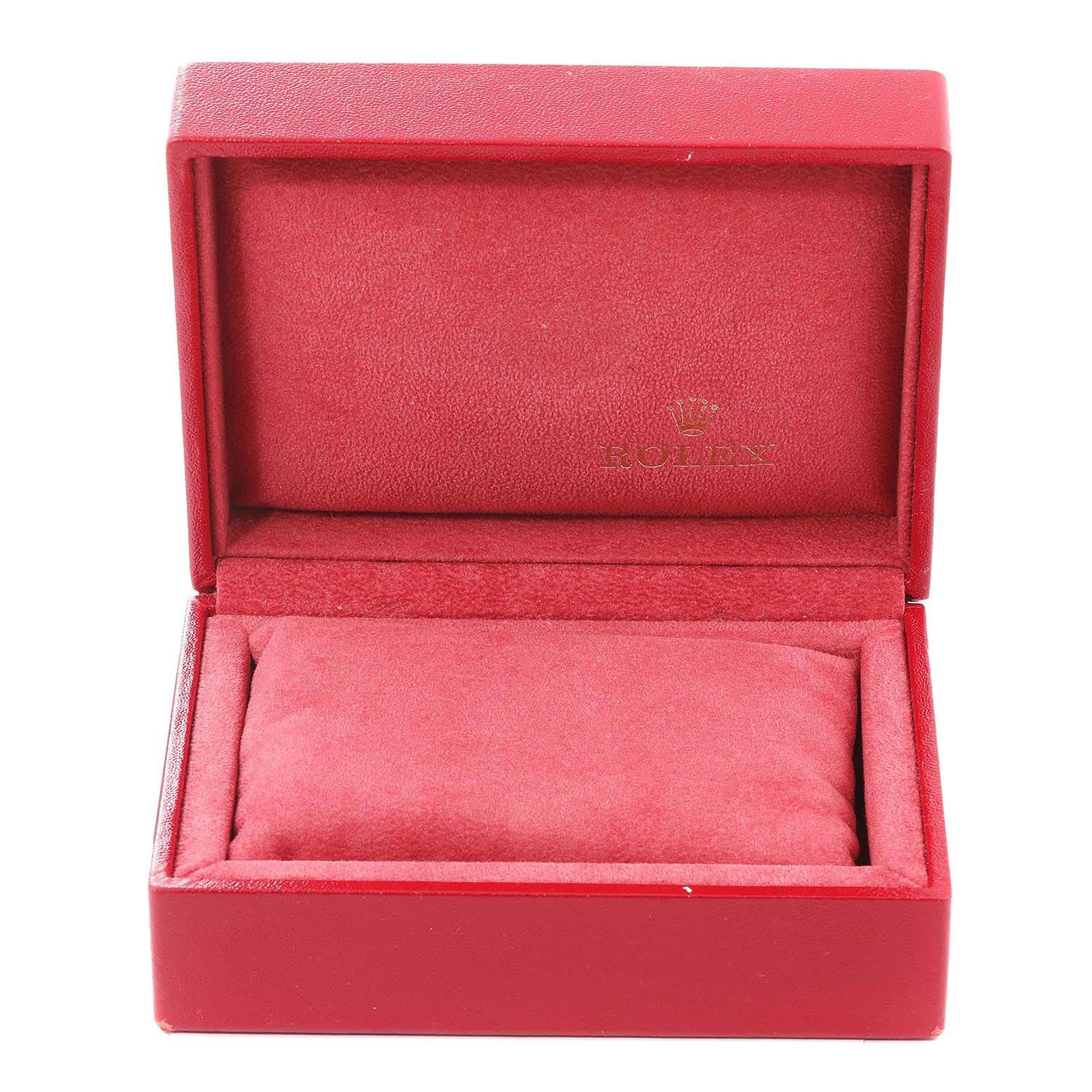The image shows an open red Rolex watch box, likely for the Oyster Perpetual model, with the Rolex logo inside the lid.