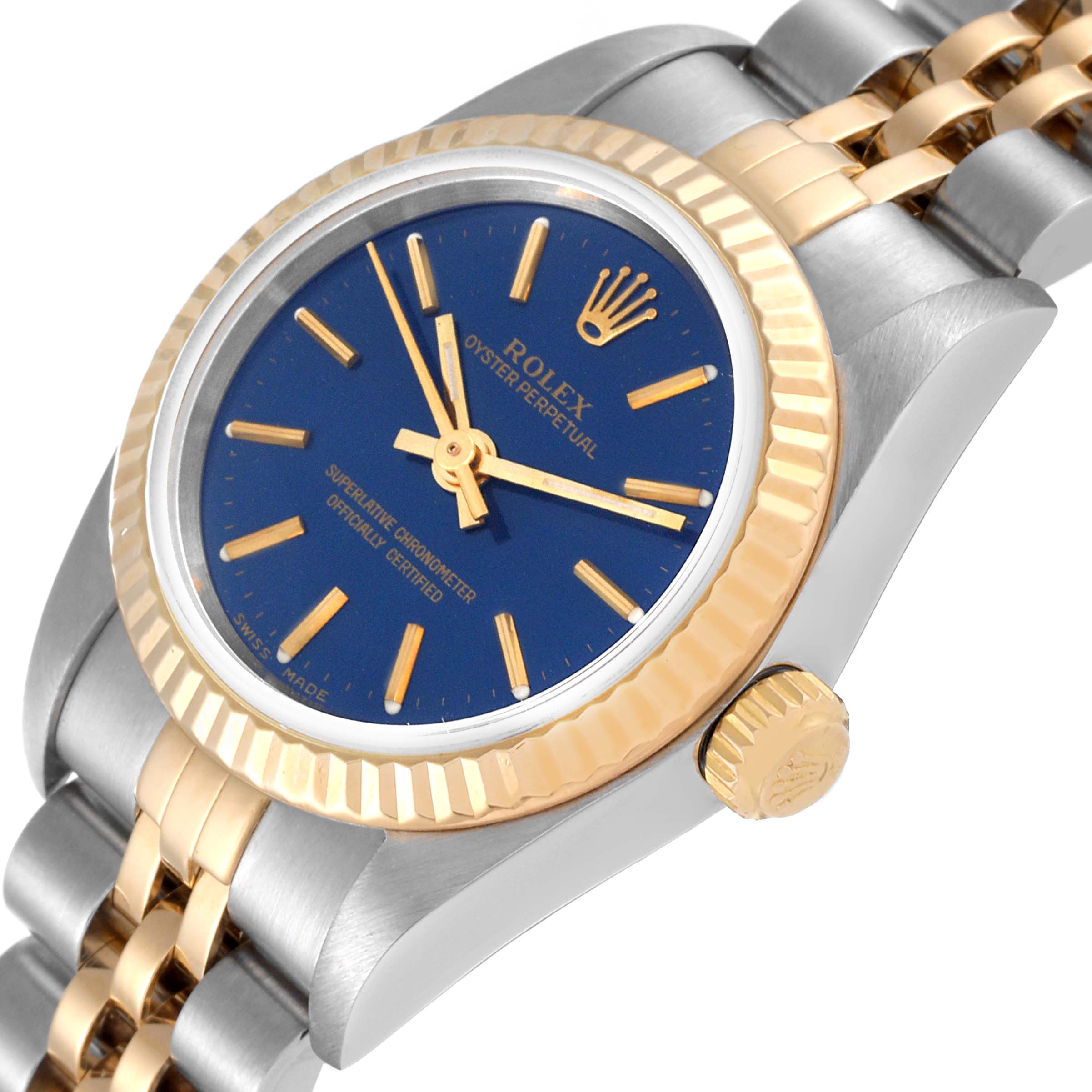 The image shows a Rolex Oyster Perpetual 76193 Women
s Steel and Gold (two tone) Blue Dial 76193 Women
s Steel and Gold (two tone) Blue Dial watch at a slight angle, highlighting the bezel, dial, crown, and two-tone bracelet.