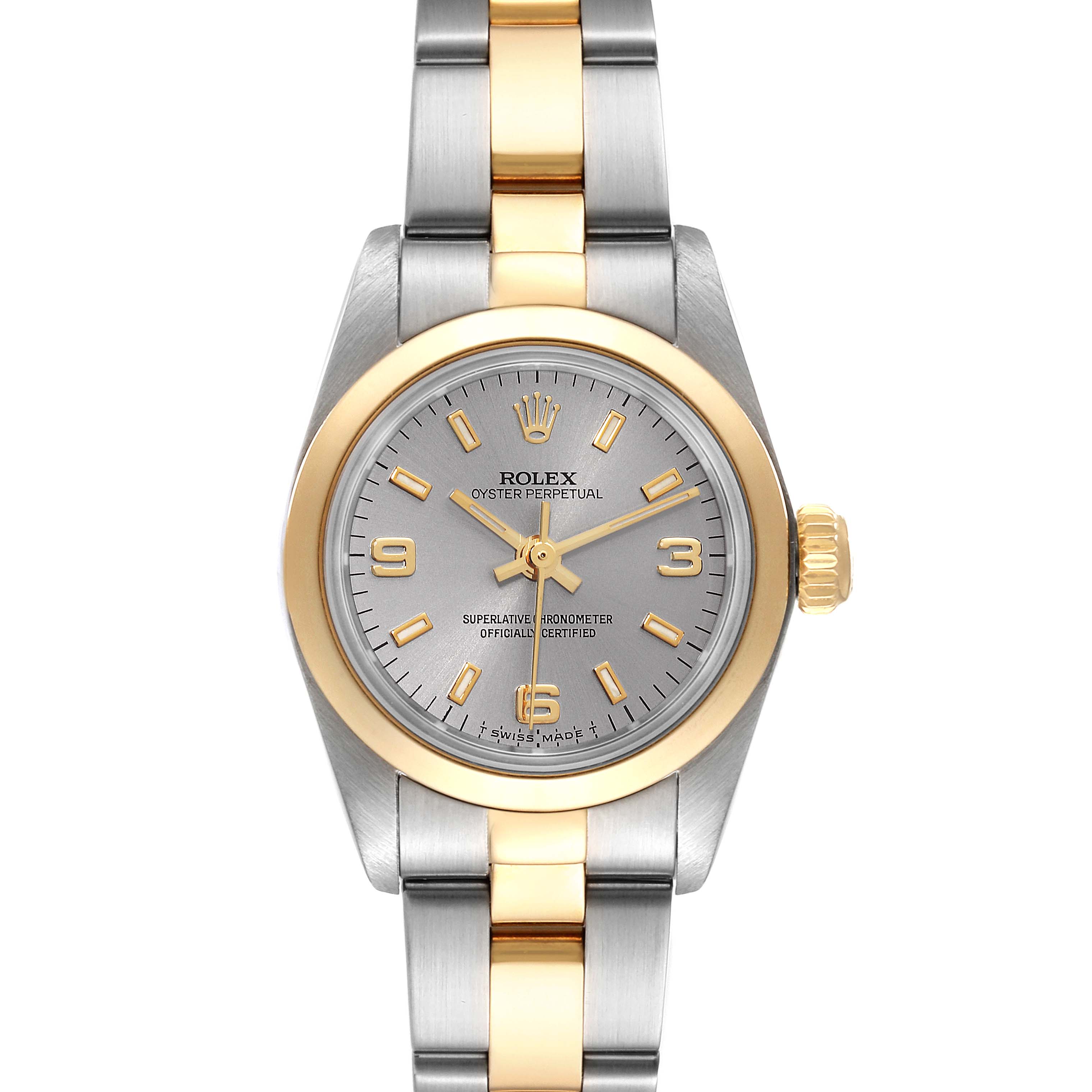 The image shows a front view of a Rolex Oyster Perpetual 67183 Women's Steel and Gold (two tone) Silver Dial 67183 Women's Steel and Gold (two tone) Silver Dial watch with a two-tone metal bracelet and gold accents on the bezel and dial.