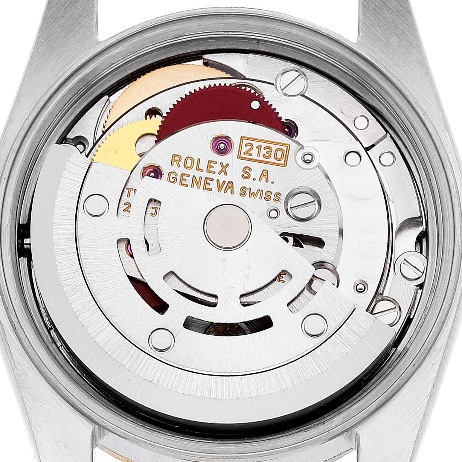 The image shows the internal mechanism of a Rolex Oyster Perpetual 67183 Women's Steel and Gold (two tone) Silver Dial 67183 Women's Steel and Gold (two tone) Silver Dial watch from a top-down angle.