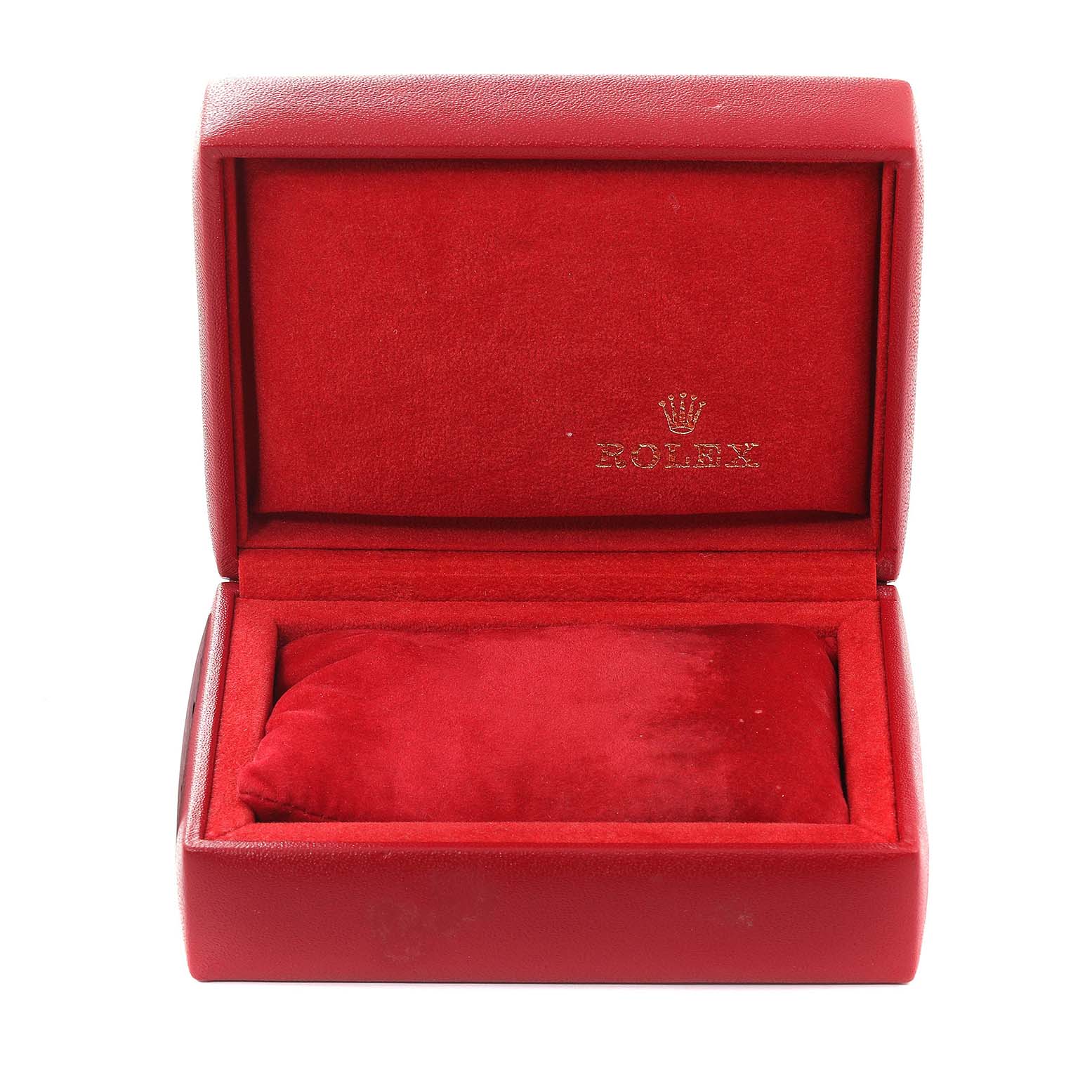 The image shows an empty red Rolex watch box for the Oyster Perpetual model, with the lid open.