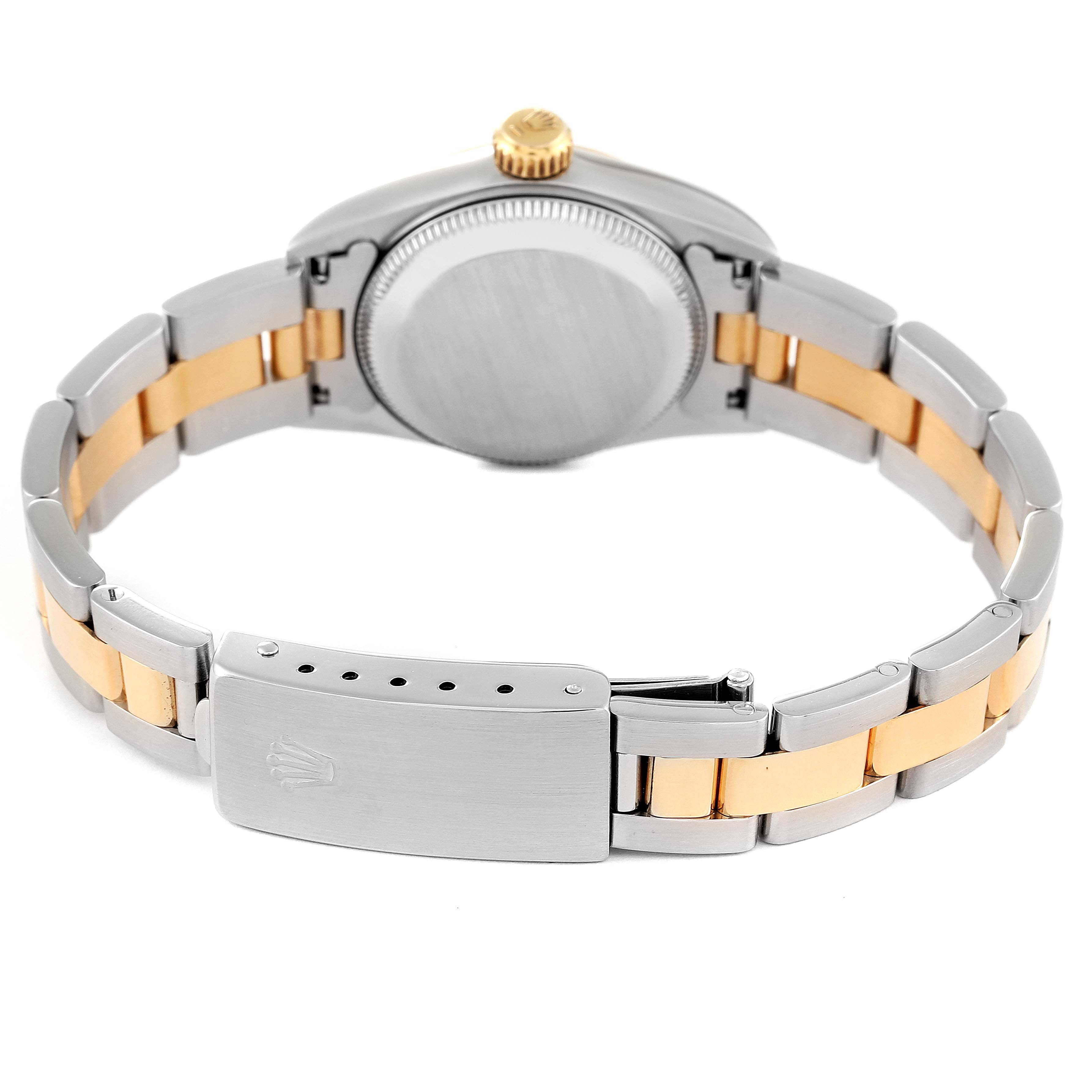 The image shows the back and bracelet of a Rolex Oyster Perpetual 67183 Women's Steel and Gold (two tone) Silver Dial 67183 Women's Steel and Gold (two tone) Silver Dial watch, highlighting the two-tone metal design and clasp.