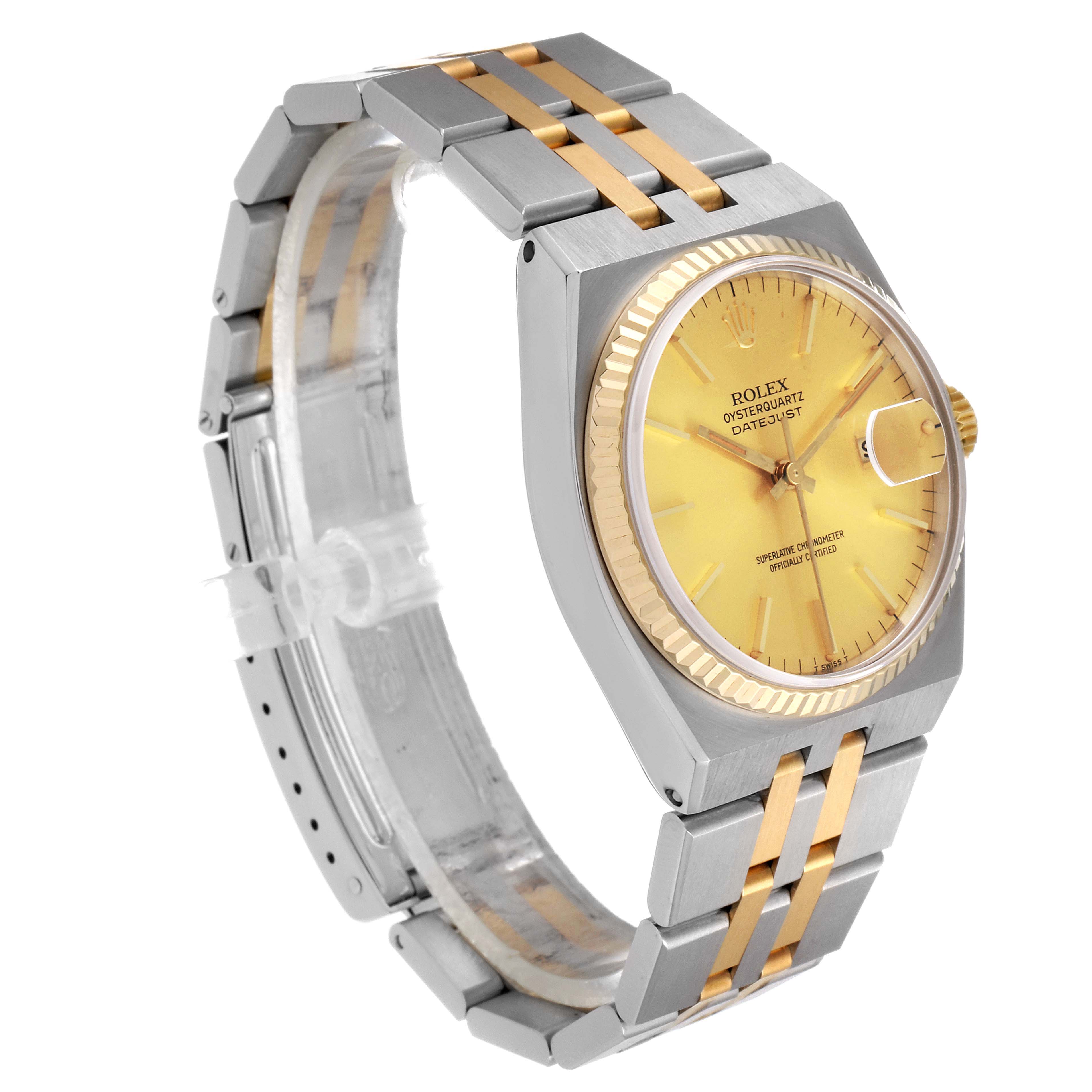 The image shows a side angle of the Rolex Oysterquartz 17013 Men's Steel and Gold (two tone) Champagne Dial 17013 Men's Steel and Gold (two tone) Champagne Dial watch, featuring its two-tone metal bracelet and gold dial.