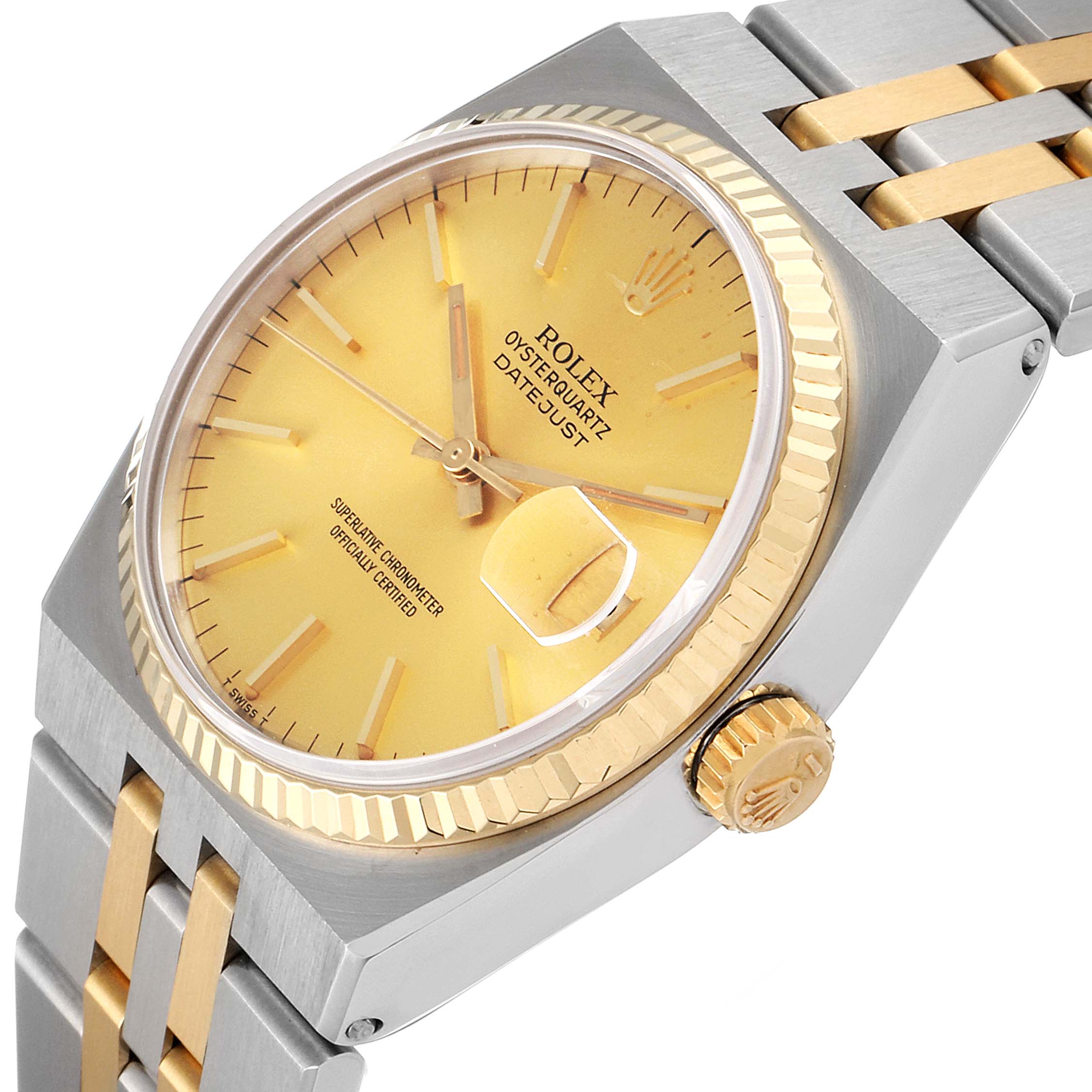 This image shows a close-up view of a Rolex Oysterquartz 17013 Men's Steel and Gold (two tone) Champagne Dial 17013 Men's Steel and Gold (two tone) Champagne Dial Datejust watch, highlighting the dial, bezel, crown, and part of the bracelet.