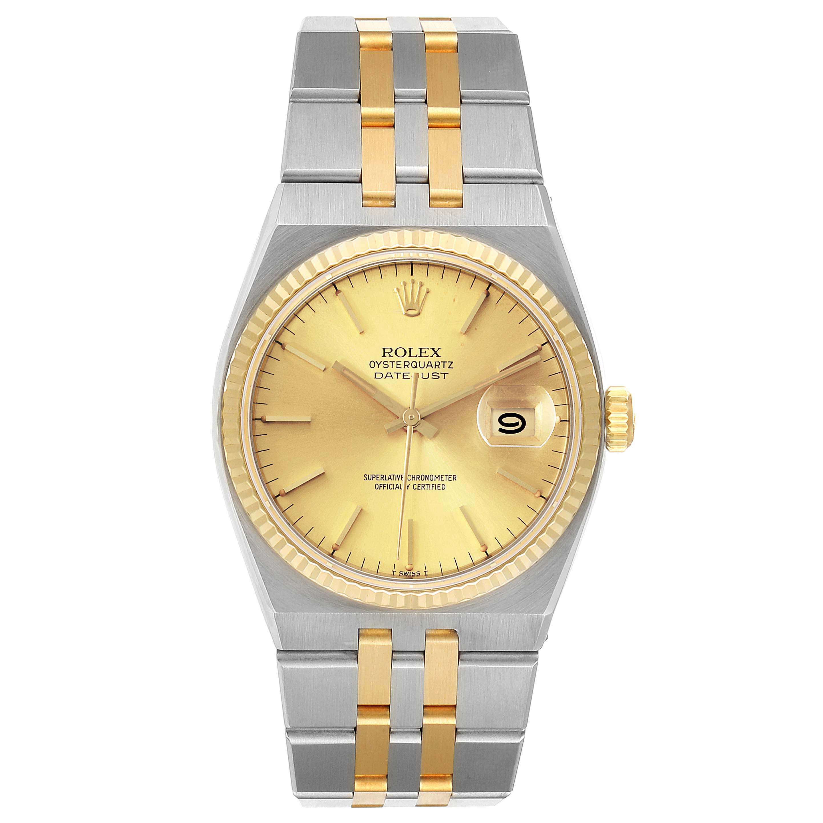 The image shows a front view of the Rolex Oysterquartz 17013 Men's Steel and Gold (two tone) Champagne Dial 17013 Men's Steel and Gold (two tone) Champagne Dial Datejust watch, highlighting its gold and silver two-tone bracelet and gold dial.