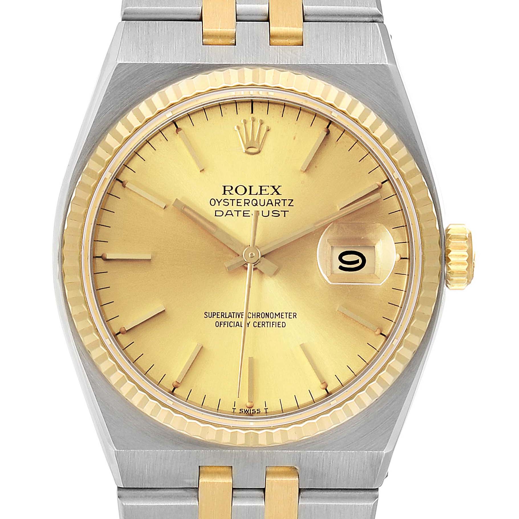 This image shows a Rolex Oysterquartz 17013 Men's Steel and Gold (two tone) Champagne Dial 17013 Men's Steel and Gold (two tone) Champagne Dial Datejust watch from a front angle, highlighting its dial, fluted bezel, and part of the bracelet.