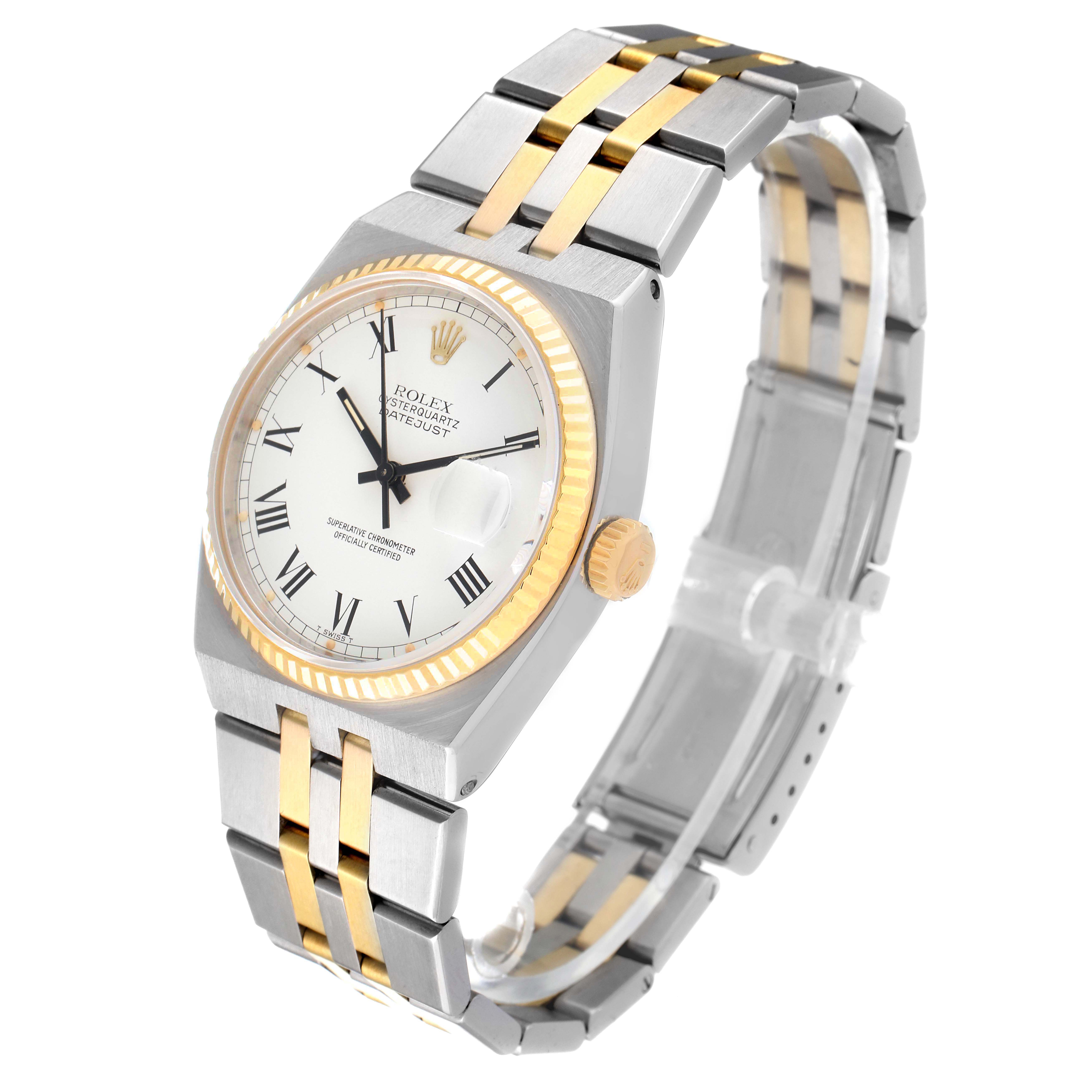 The image shows a side and front view of a Rolex Oysterquartz 17013 Men's Steel and Gold (two tone) White Dial 17013 Men's Steel and Gold (two tone) White Dial watch, featuring a two-tone band and white dial.