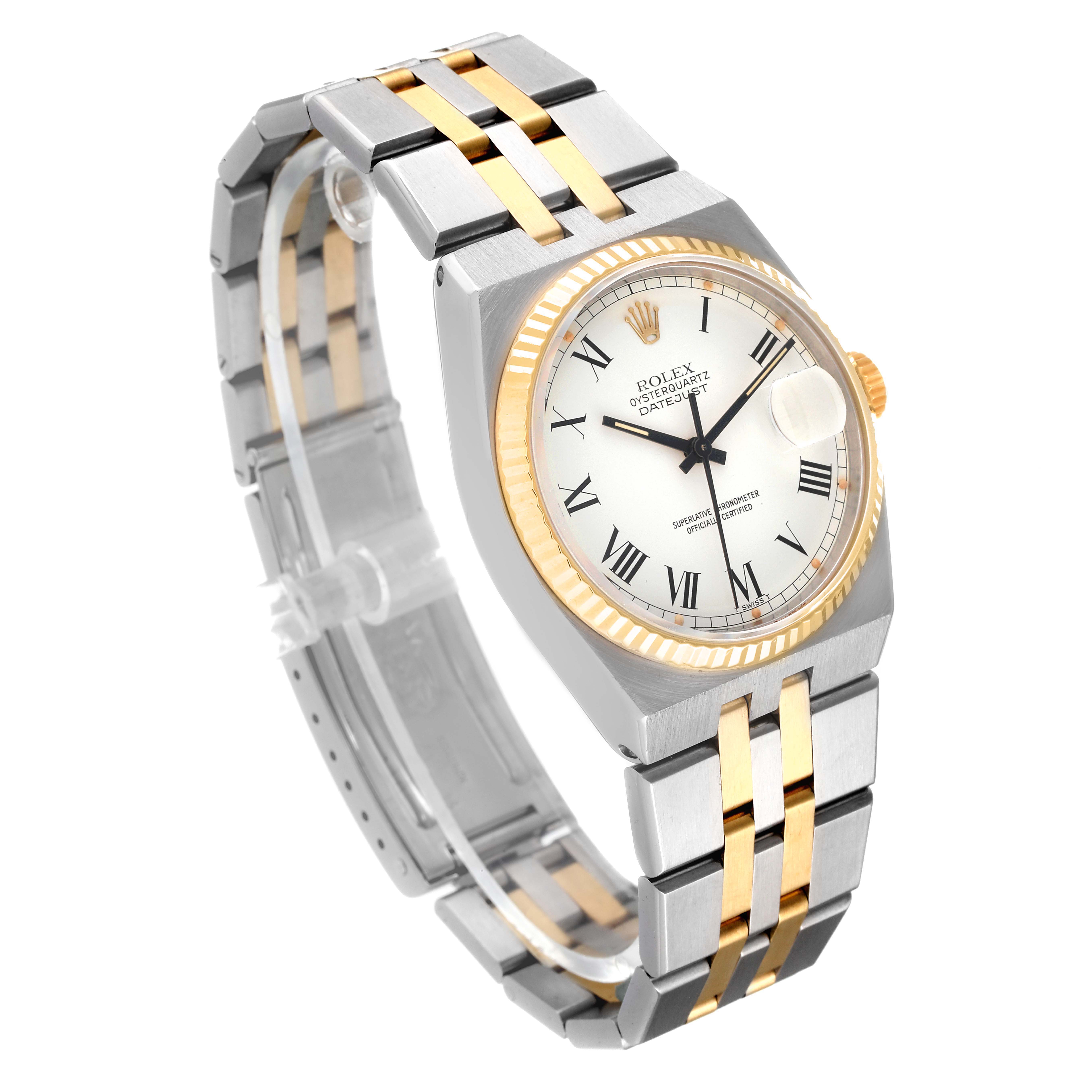The image shows a Rolex Oysterquartz 17013 Men's Steel and Gold (two tone) White Dial 17013 Men's Steel and Gold (two tone) White Dial watch at a three-quarter angle, displaying its gold and silver bracelet and white dial with Roman numerals.