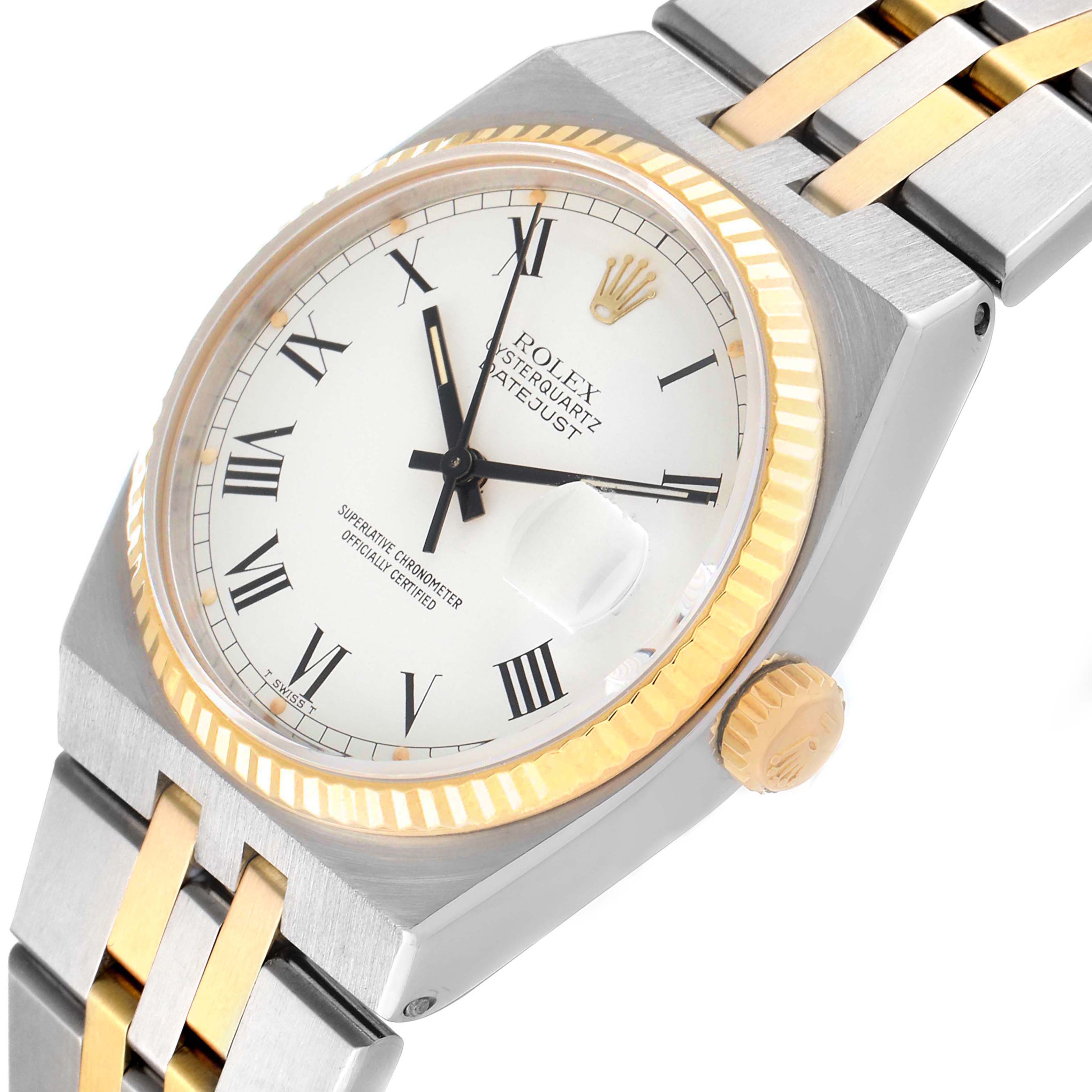This image shows a close-up view of a Rolex Oysterquartz 17013 Men's Steel and Gold (two tone) White Dial 17013 Men's Steel and Gold (two tone) White Dial watch, highlighting the dial, crown, and two-tone bracelet.