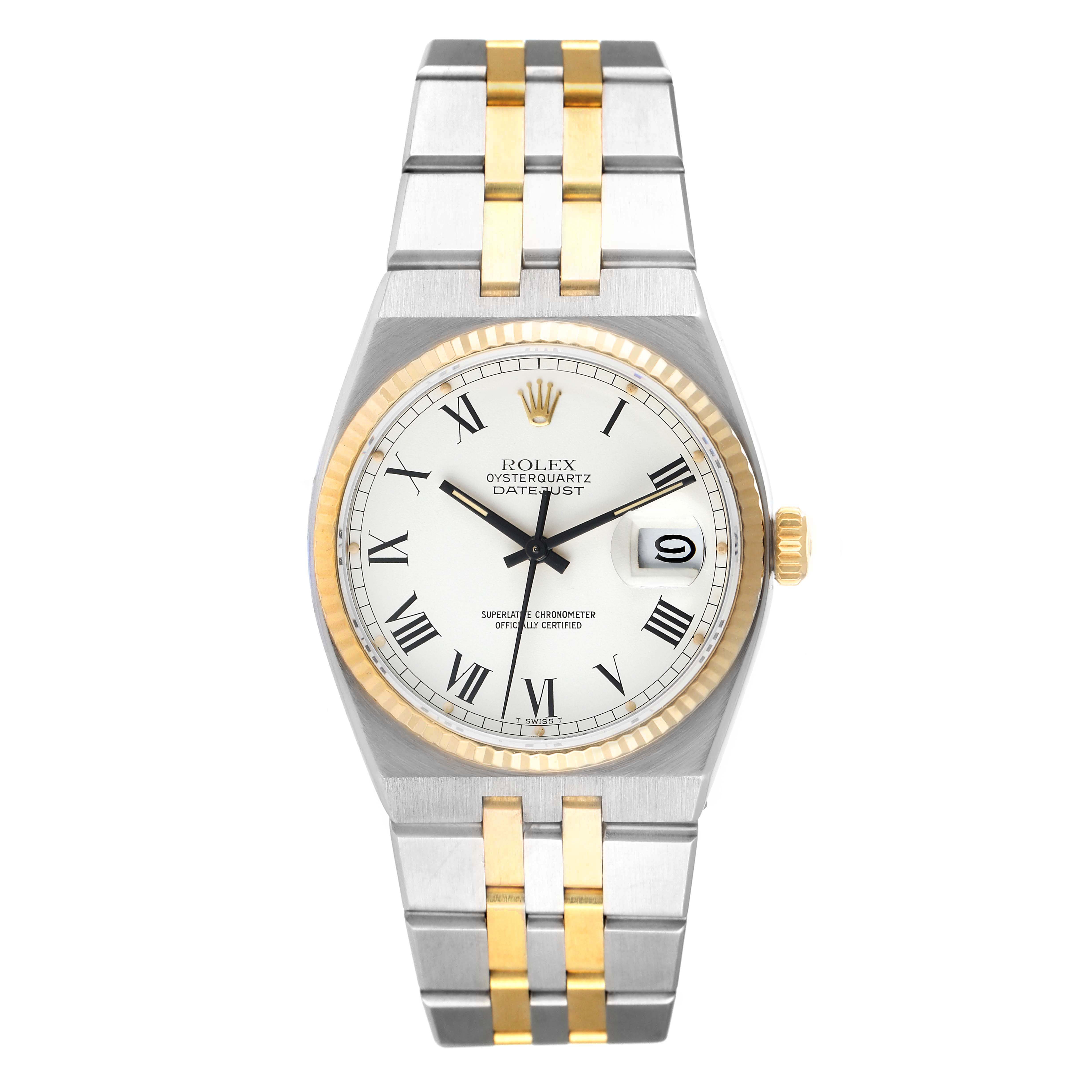 The image shows a front view of a Rolex Oysterquartz 17013 Men's Steel and Gold (two tone) White Dial 17013 Men's Steel and Gold (two tone) White Dial Datejust watch, highlighting its dial, bezel, and two-tone bracelet.