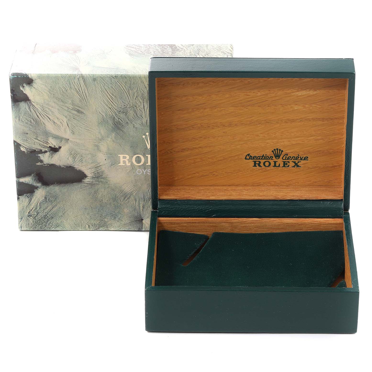 The image shows an open Rolex Oysterquartz 17013 Men's Steel and Gold (two tone) White Dial 17013 Men's Steel and Gold (two tone) White Dial watch box next to its outer packaging, viewed from the front.