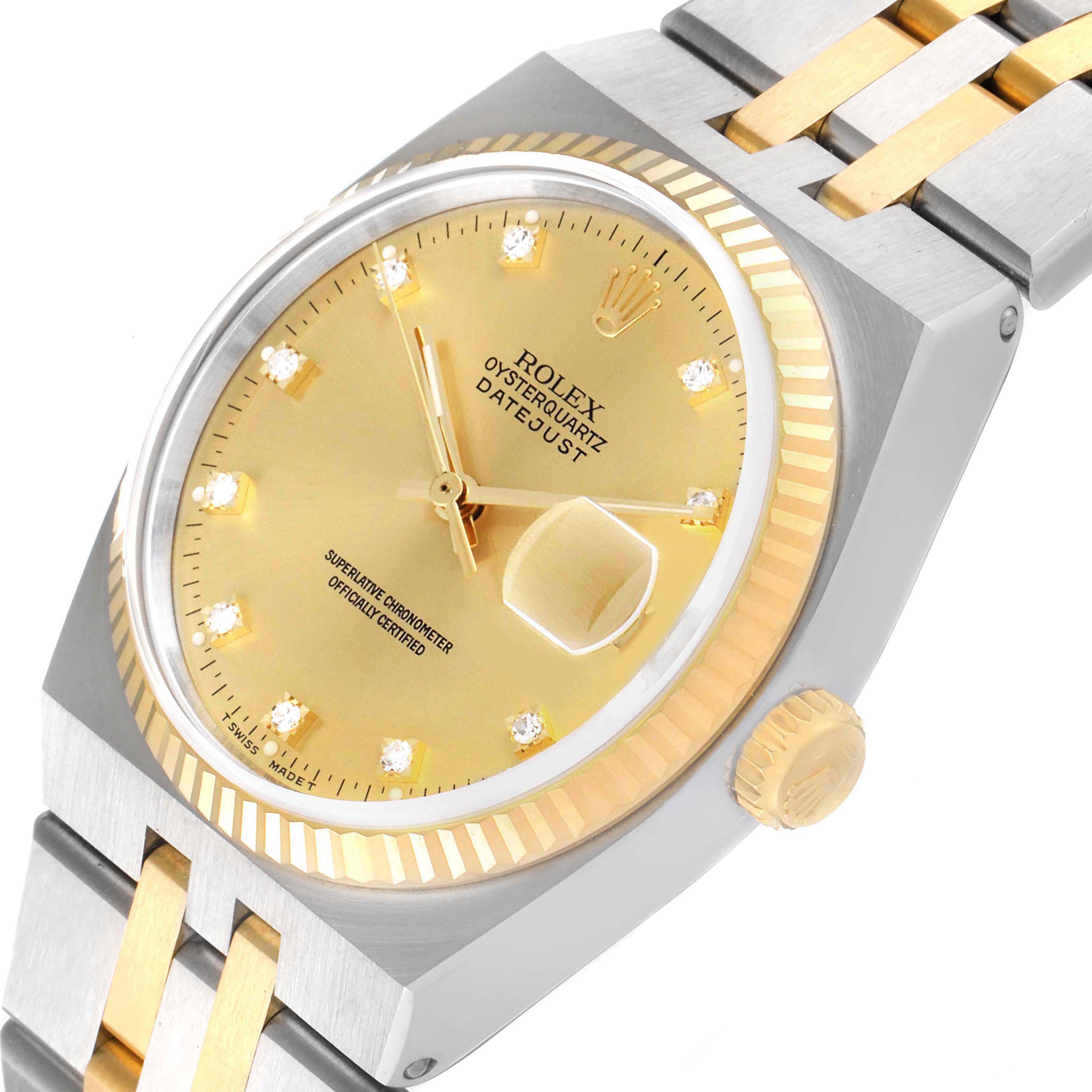 The image shows a Rolex Oysterquartz 17013 Men's Steel and Gold (two tone) Champagne Dial 17013 Men's Steel and Gold (two tone) Champagne Dial Datejust watch with a partial side and front view highlighting the dial, bezel, and part of the bracelet.