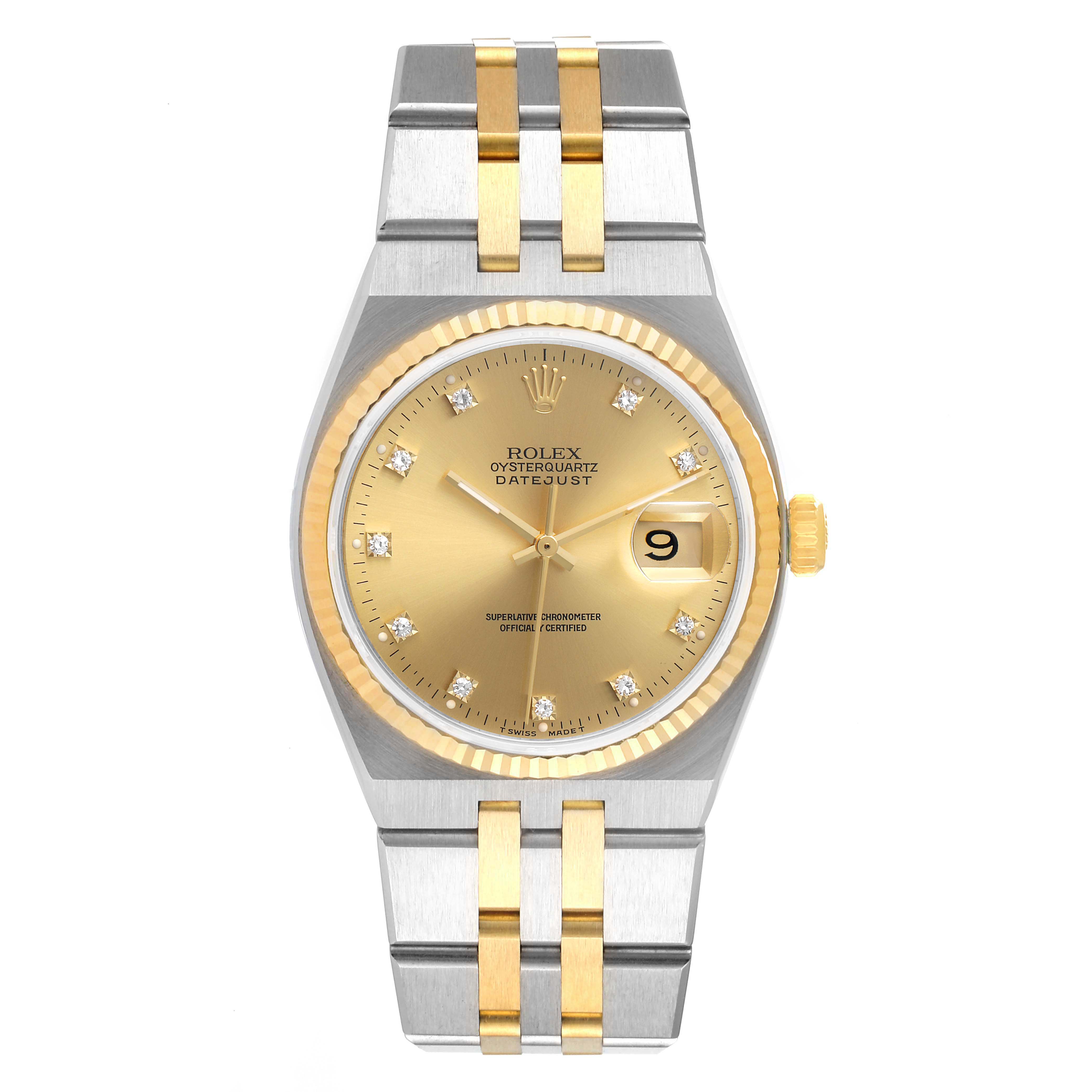 The image shows a frontal view of the Rolex Oysterquartz 17013 Men's Steel and Gold (two tone) Champagne Dial 17013 Men's Steel and Gold (two tone) Champagne Dial Datejust watch, displaying the dial and bracelet.