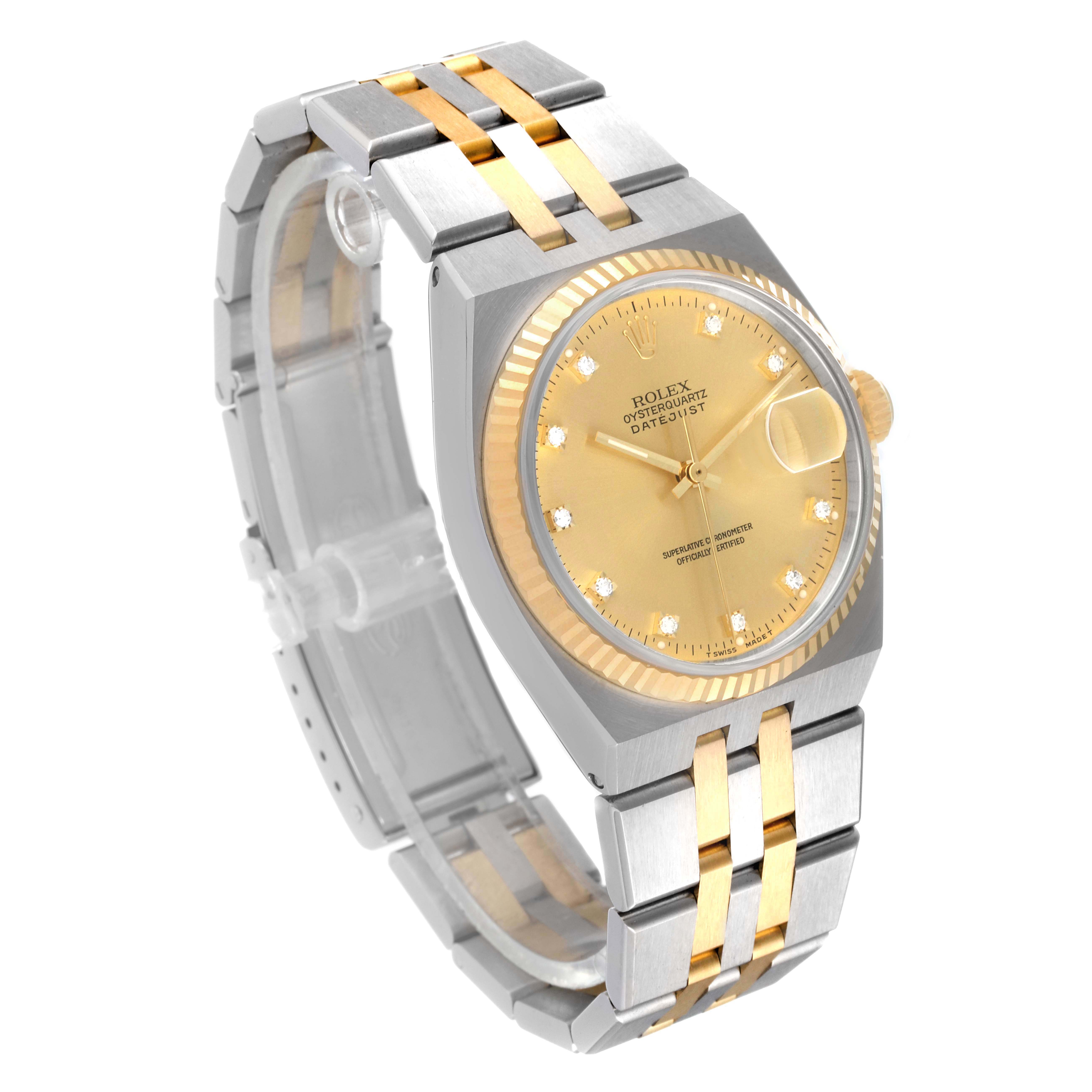 The image shows a Rolex Oysterquartz 17013 Men's Steel and Gold (two tone) Champagne Dial 17013 Men's Steel and Gold (two tone) Champagne Dial watch from an angled side view, displaying its face, bezel, and bracelet.