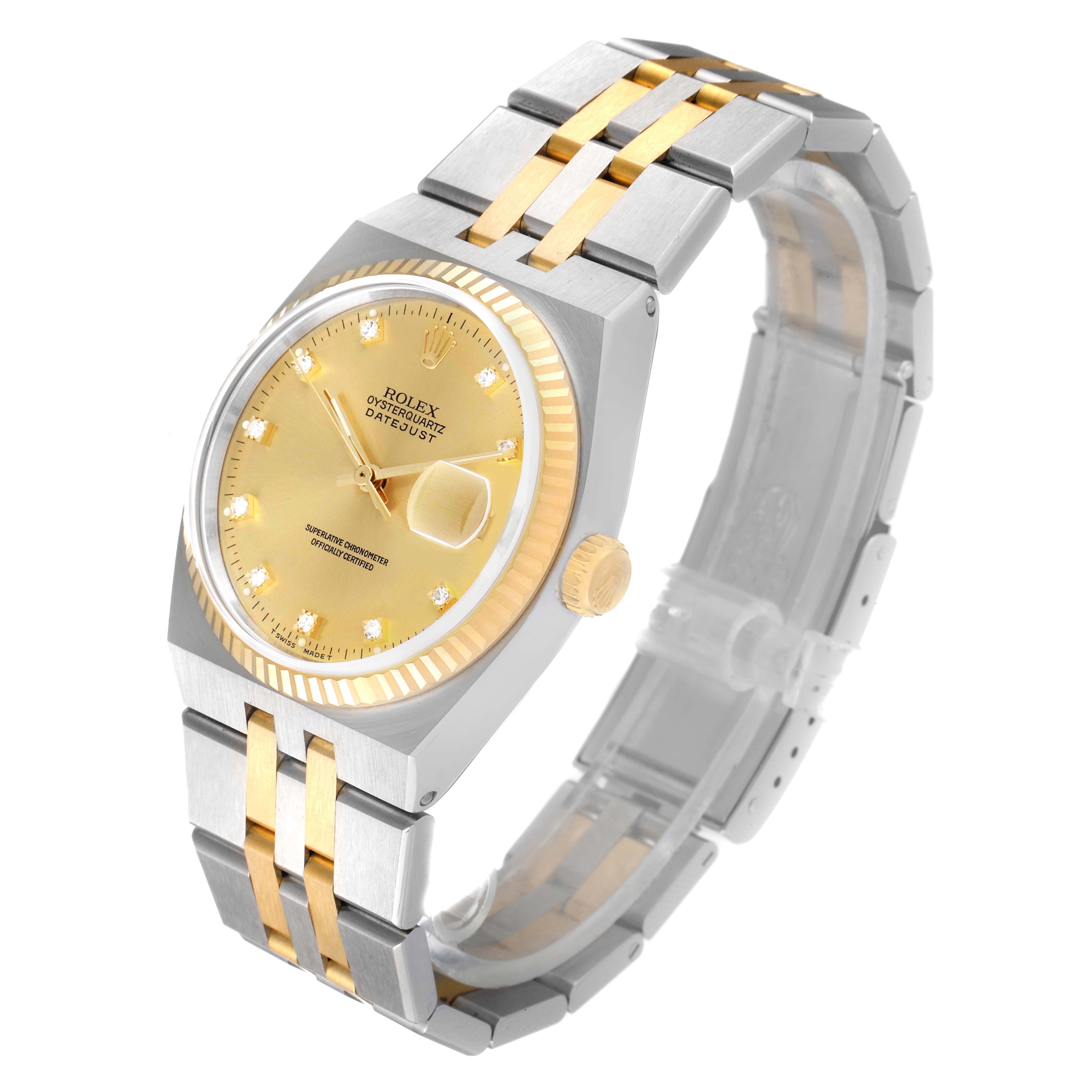 The Rolex Oysterquartz 17013 Men's Steel and Gold (two tone) Champagne Dial 17013 Men's Steel and Gold (two tone) Champagne Dial watch is shown at an angled view, displaying the face, bracelet, and crown.