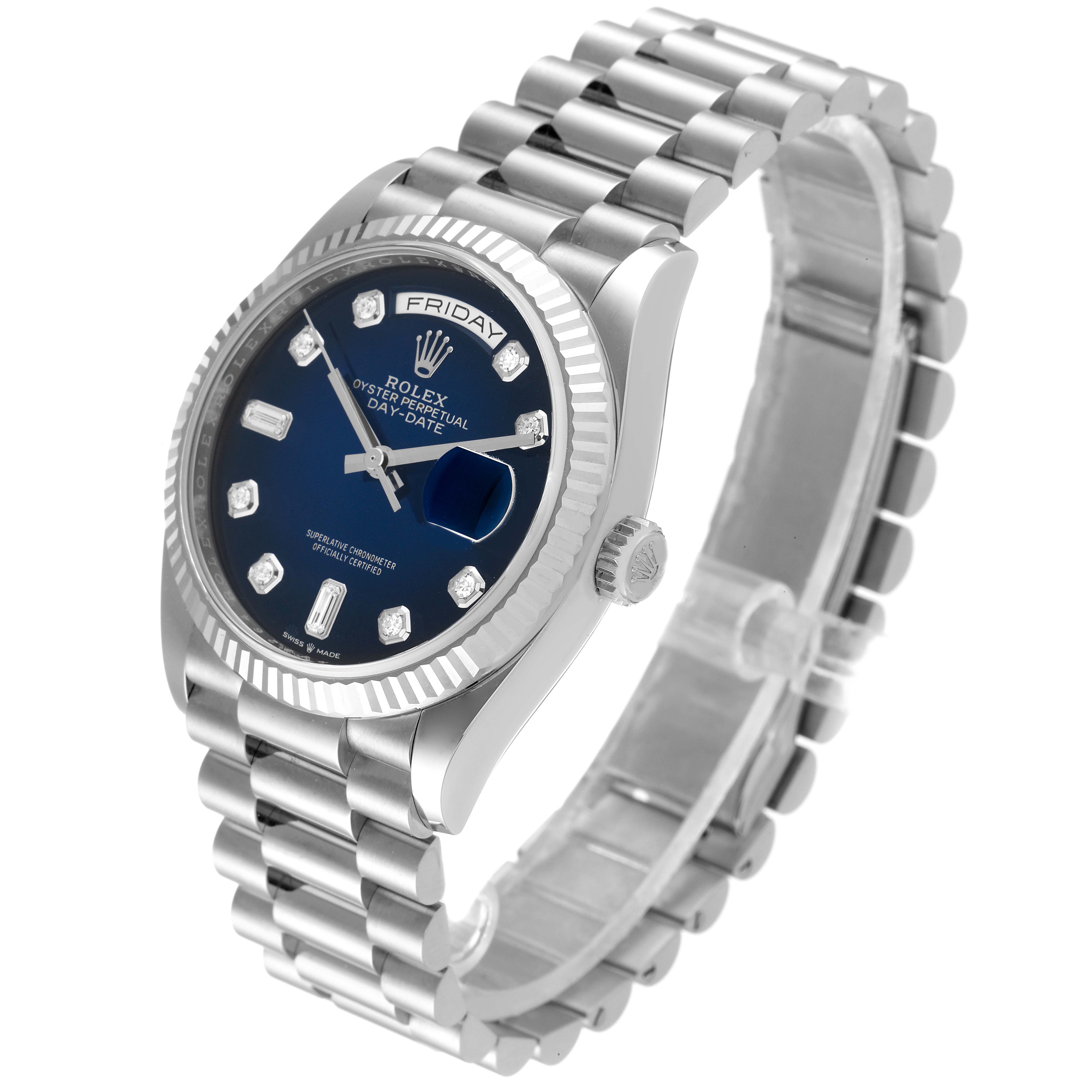 The Rolex President 128239 Men's White Gold Blue Dial 128239 Men's White Gold Blue Dial model watch is shown at a slight front angle, revealing its face, crown, and bracelet.