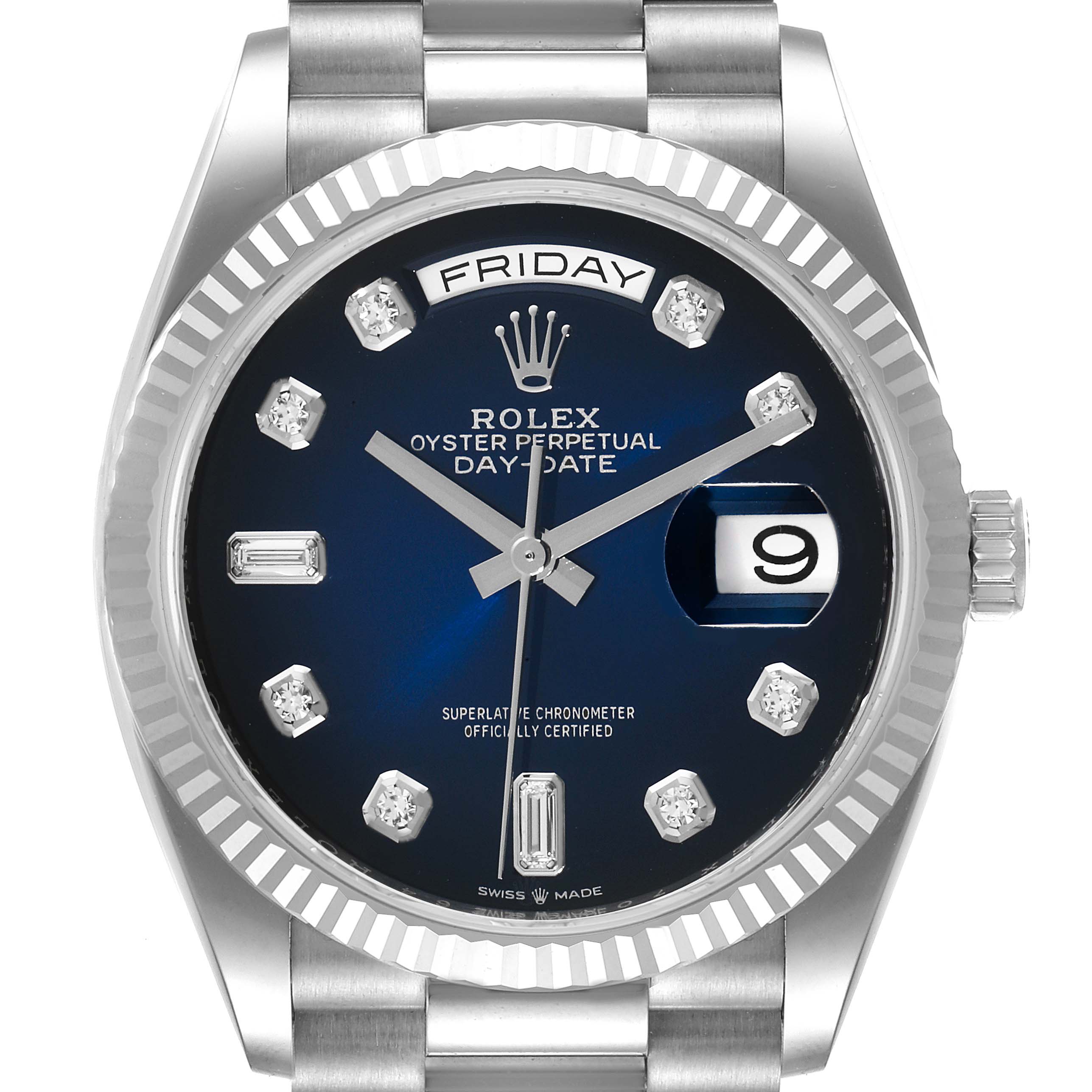 The image shows a frontal view of a Rolex President 128239 Men's White Gold Blue Dial 128239 Men's White Gold Blue Dial watch, highlighting the dial, bezel, and bracelet.