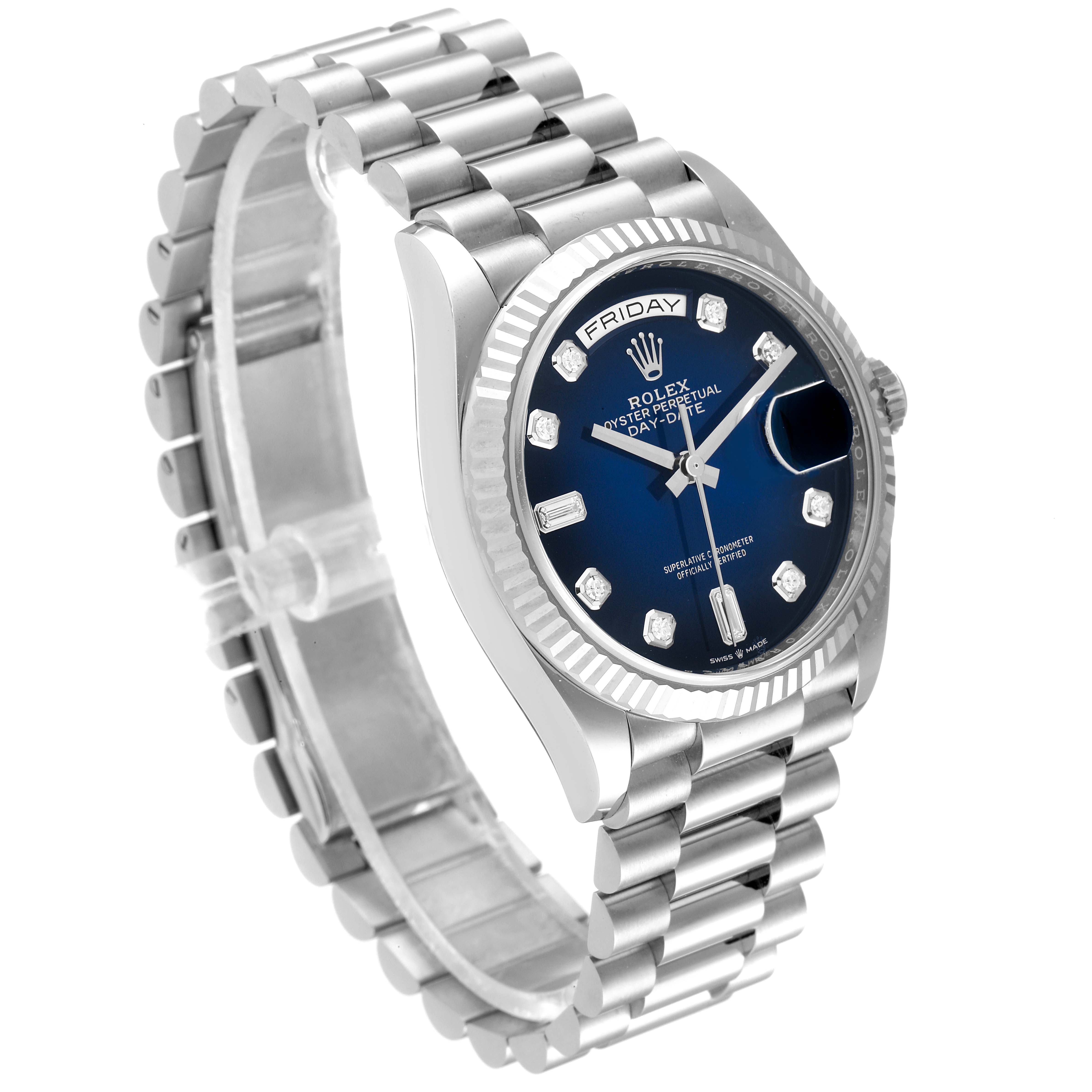 This image shows the Rolex President 128239 Men's White Gold Blue Dial 128239 Men's White Gold Blue Dial model watch from a three-quarter angle, highlighting its dial, bracelet, and bezel.