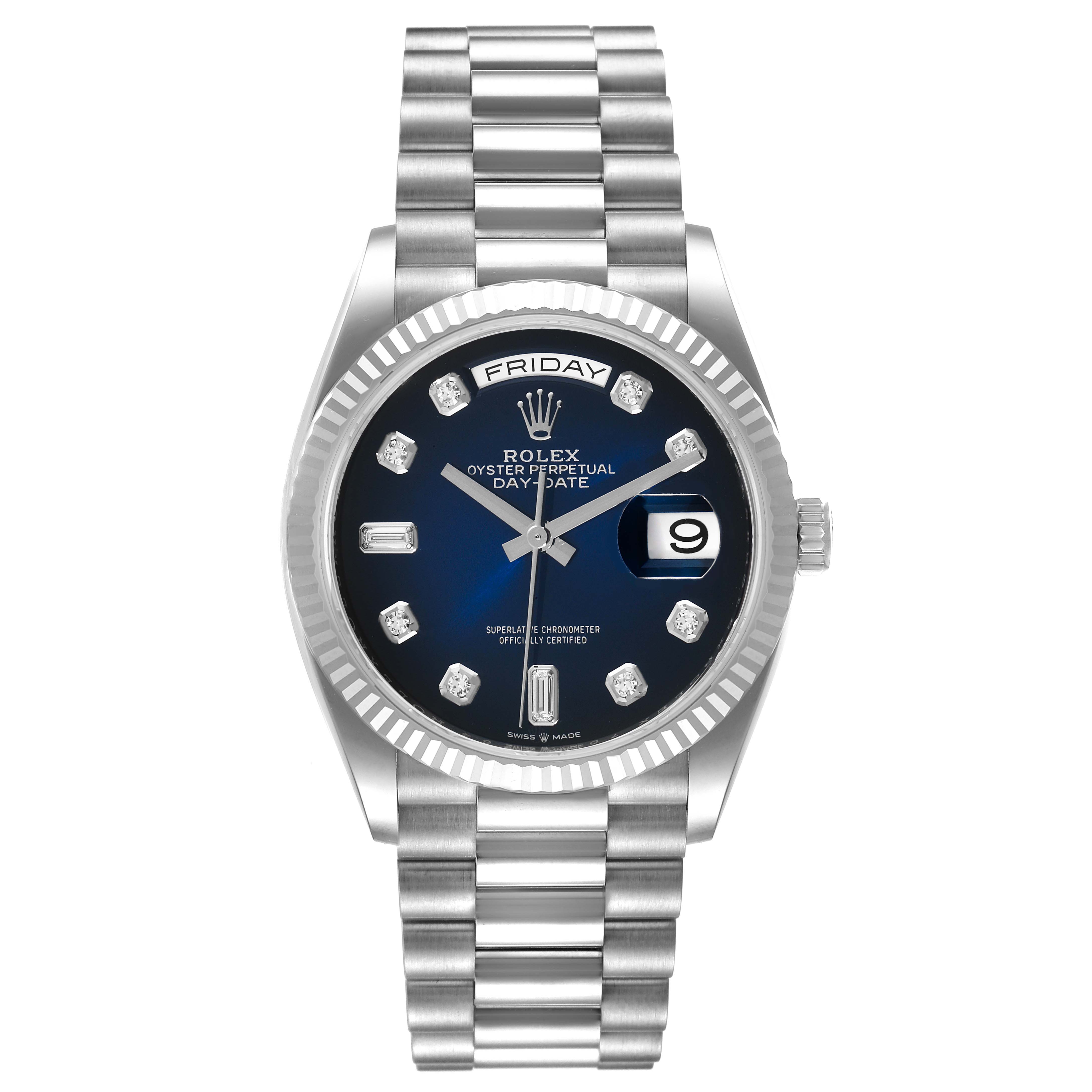 The image shows a frontal view of a Rolex President 128239 Men's White Gold Blue Dial 128239 Men's White Gold Blue Dial model watch, highlighting its bezel, dial, bracelet, and day-date features.