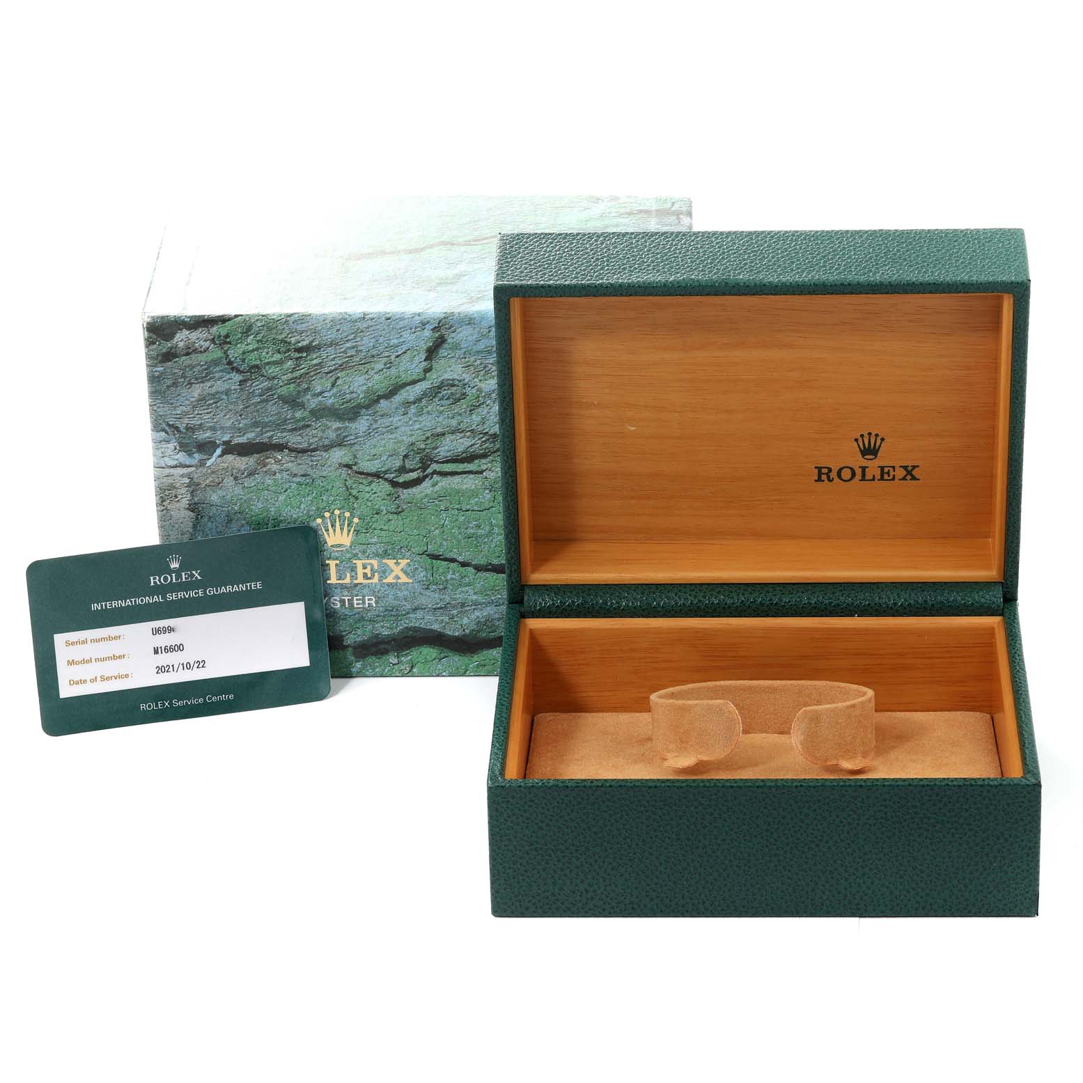 This image shows an open Rolex Sea-Dweller 16600 Men's Stainless Steel Black Dial 16600 Men's Stainless Steel Black Dial watch box, its outer packaging, and an international service guarantee card.