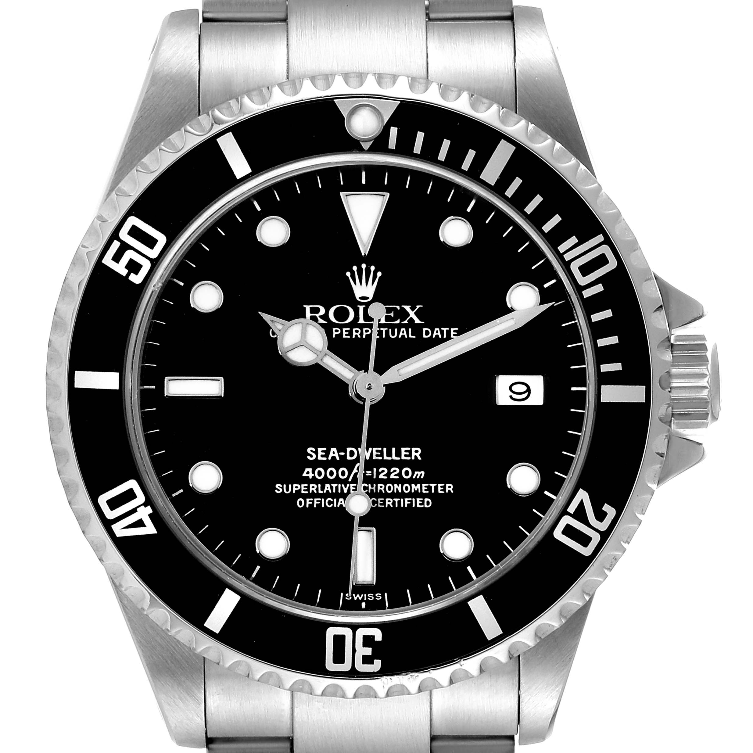 The image shows a front view of the Rolex Sea-Dweller 16600 Men's Stainless Steel Black Dial 16600 Men's Stainless Steel Black Dial watch, highlighting the dial, bezel, crown, and part of the bracelet.