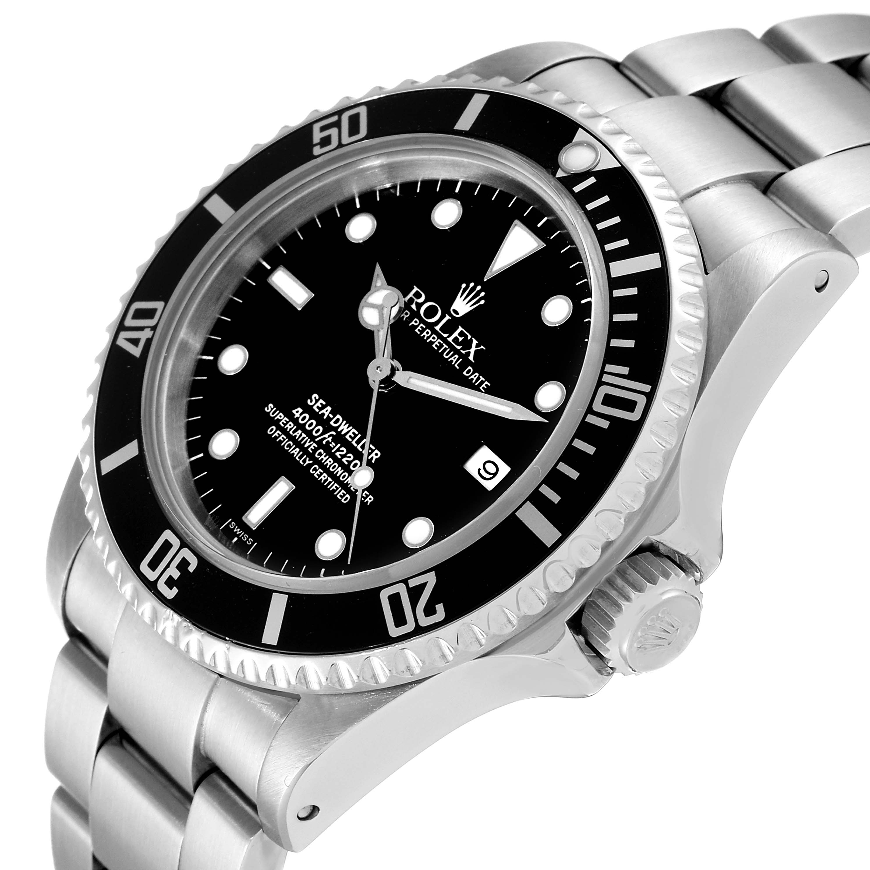 The image shows a Rolex Sea-Dweller 16600 Men's Stainless Steel Black Dial 16600 Men's Stainless Steel Black Dial watch at a slight angle, highlighting the face, bezel, and part of the bracelet.