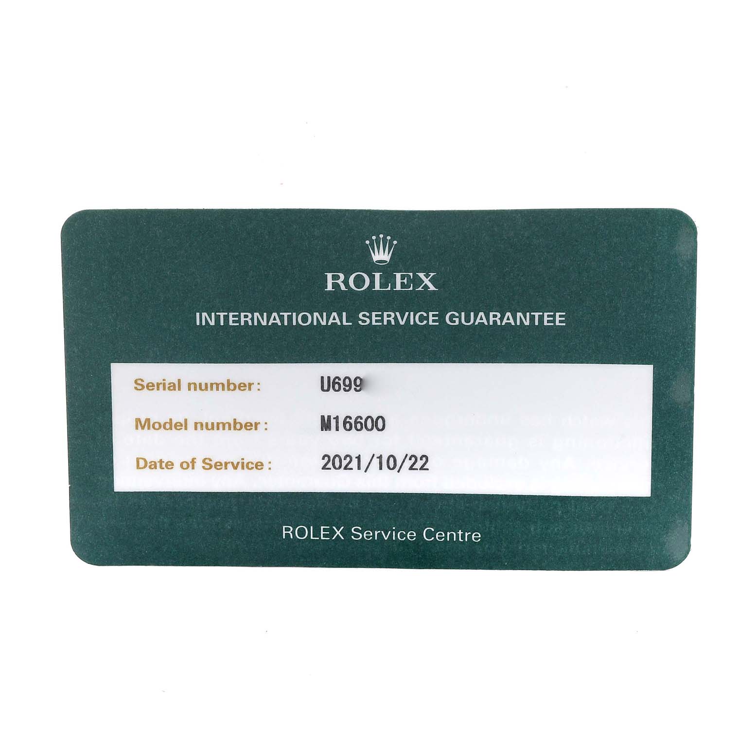 This image shows an international service guarantee card for the Rolex Sea-Dweller 16600 Men's Stainless Steel Black Dial 16600 Men's Stainless Steel Black Dial model M16600.