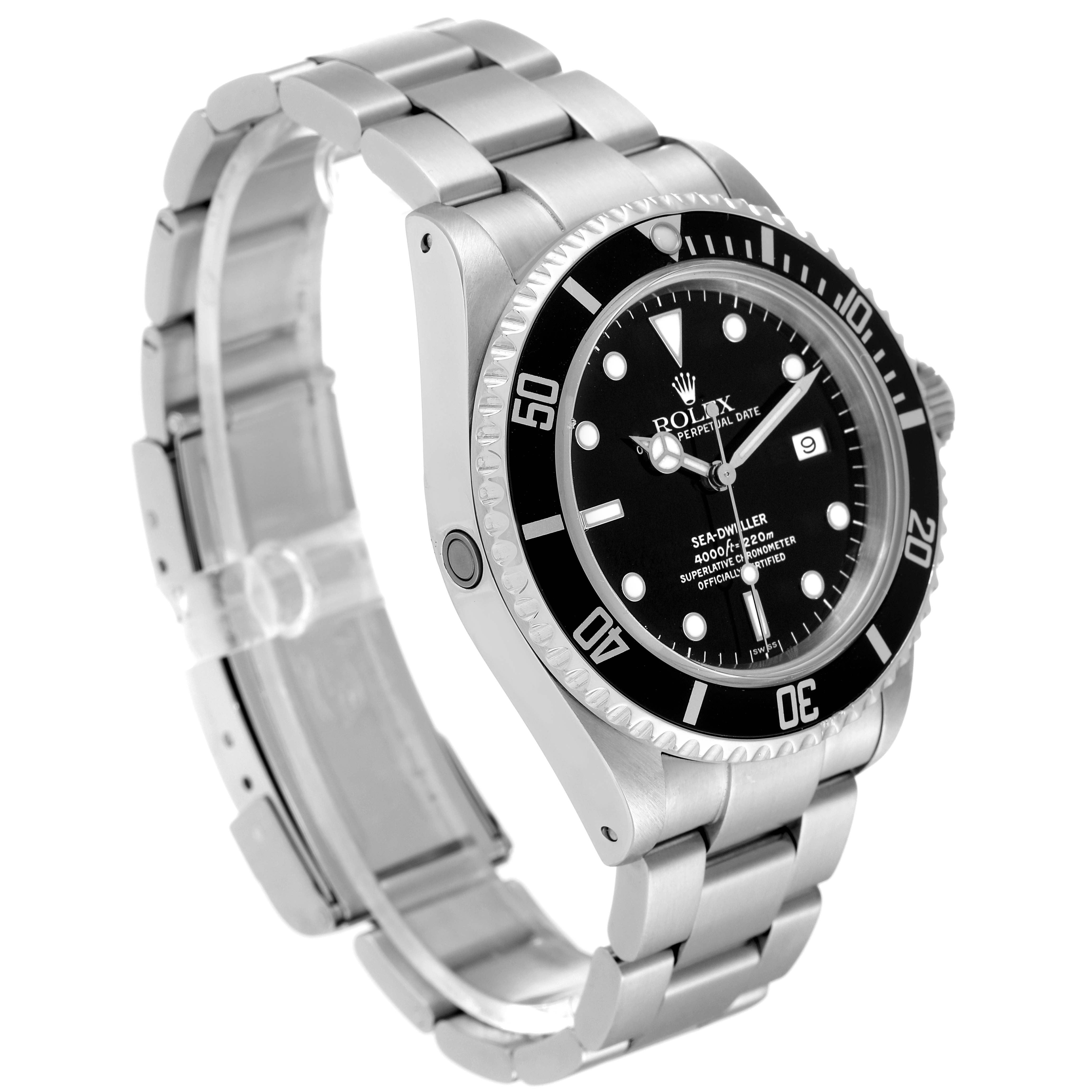 This Rolex Sea-Dweller 16600 Men's Stainless Steel Black Dial 16600 Men's Stainless Steel Black Dial watch is shown from a three-quarter angle, highlighting the face, bezel, and metal bracelet.