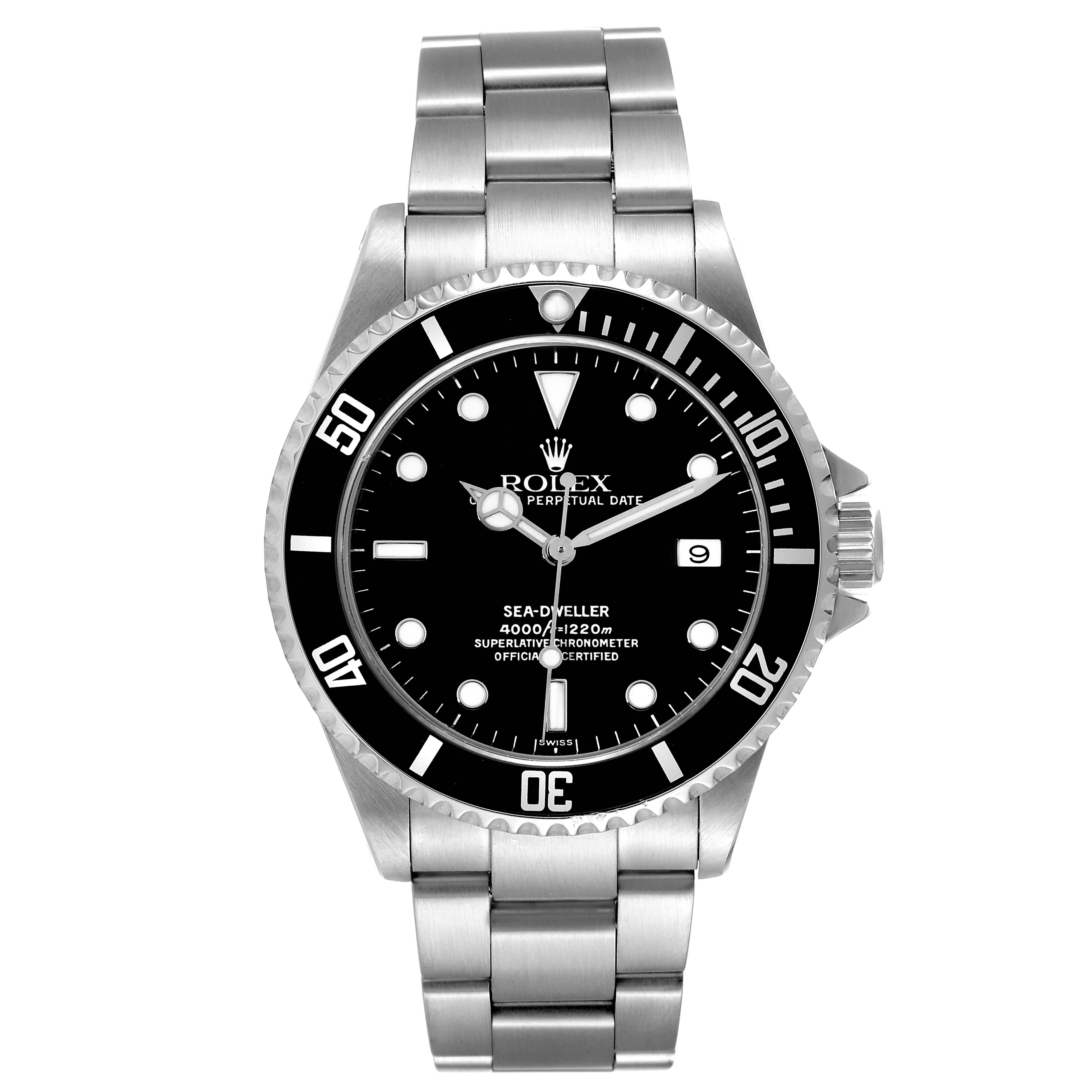 The image shows a front view of the Rolex Sea-Dweller 16600 Men's Stainless Steel Black Dial 16600 Men's Stainless Steel Black Dial watch, highlighting the face, bezel, crown, and bracelet.