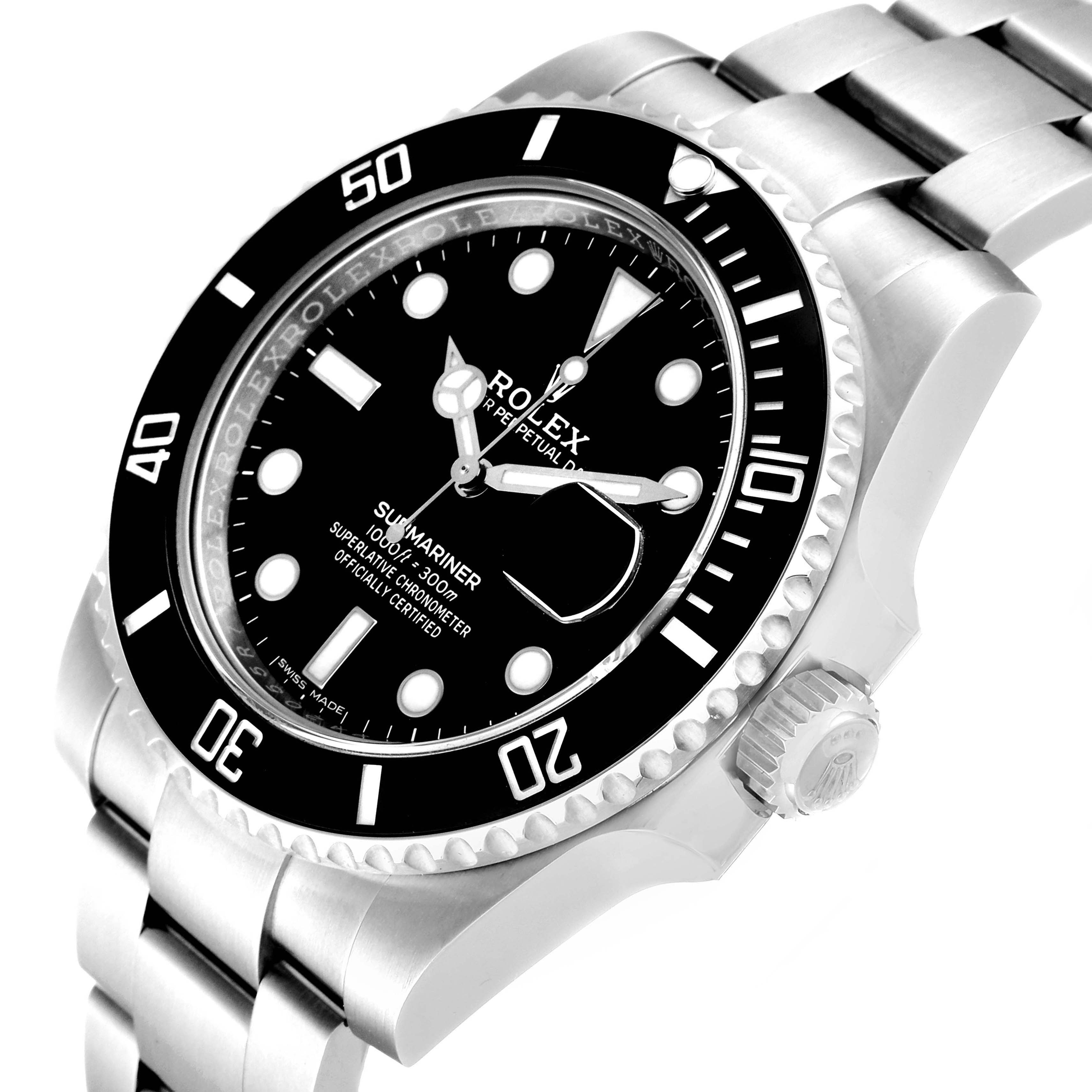 This image shows a close-up angled view of the Rolex Submariner 116610 Men
s Stainless Steel Black Dial 116610 Men
s Stainless Steel Black Dial watch displaying its dial, bezel, crown, and bracelet.