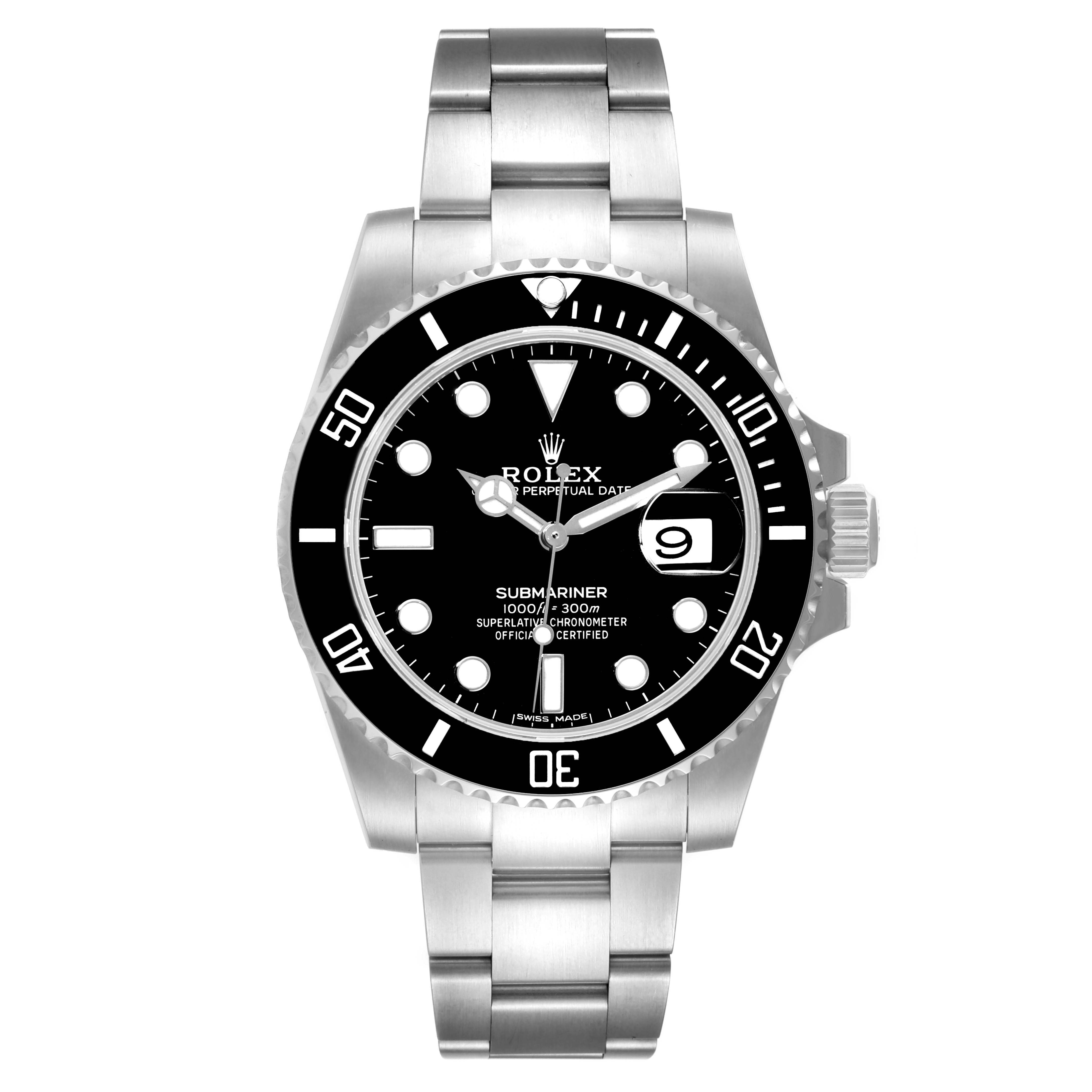 This Rolex Submariner 116610 Men
s Stainless Steel Black Dial 116610 Men
s Stainless Steel Black Dial watch is shown from a straight-on angle, displaying its face, bezel, and bracelet.