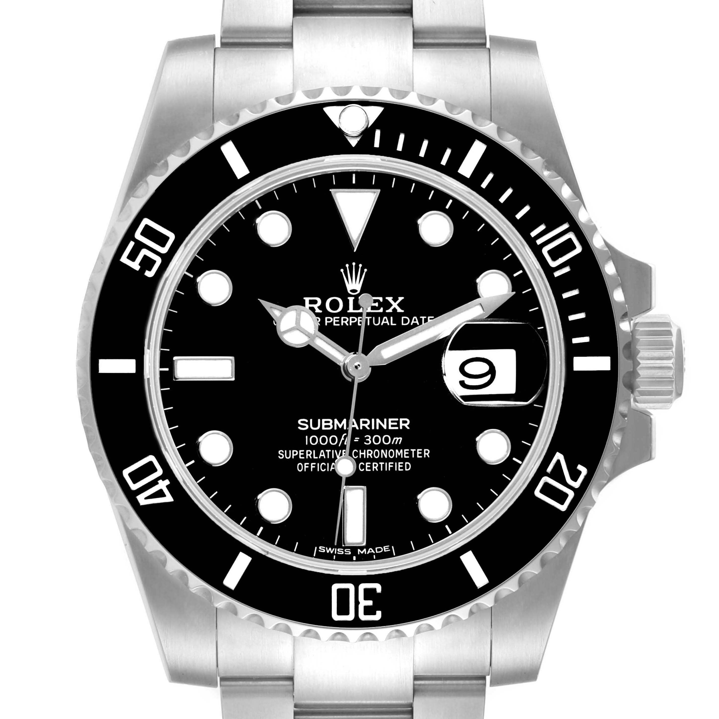 This image shows a front view of a Rolex Submariner 116610 Men
s Stainless Steel Black Dial 116610 Men
s Stainless Steel Black Dial, displaying the watch face, bezel, crown, and part of the metal bracelet.