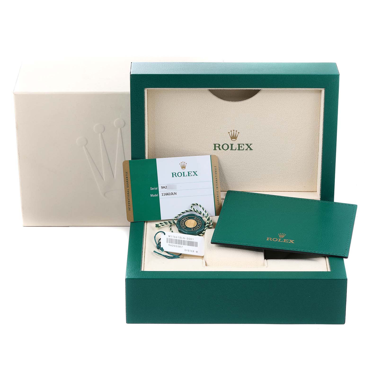 The image shows the packaging and accessories for a Rolex Submariner 116610 Men
s Stainless Steel Black Dial 116610 Men
s Stainless Steel Black Dial, including the box, warranty card, booklet, and hang tag.