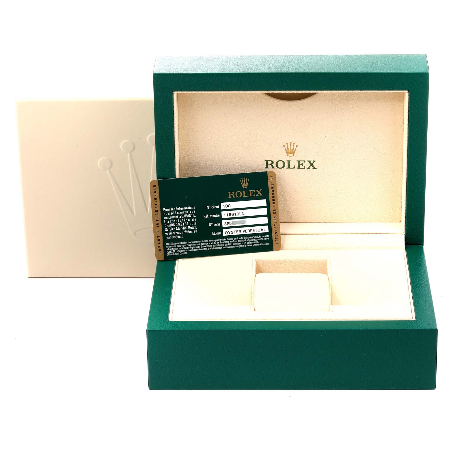 The image shows an open Rolex Submariner 116610LN Men's Stainless Steel Black Dial 116610LN Men's Stainless Steel Black Dial watch box with a certification card displayed inside the box.