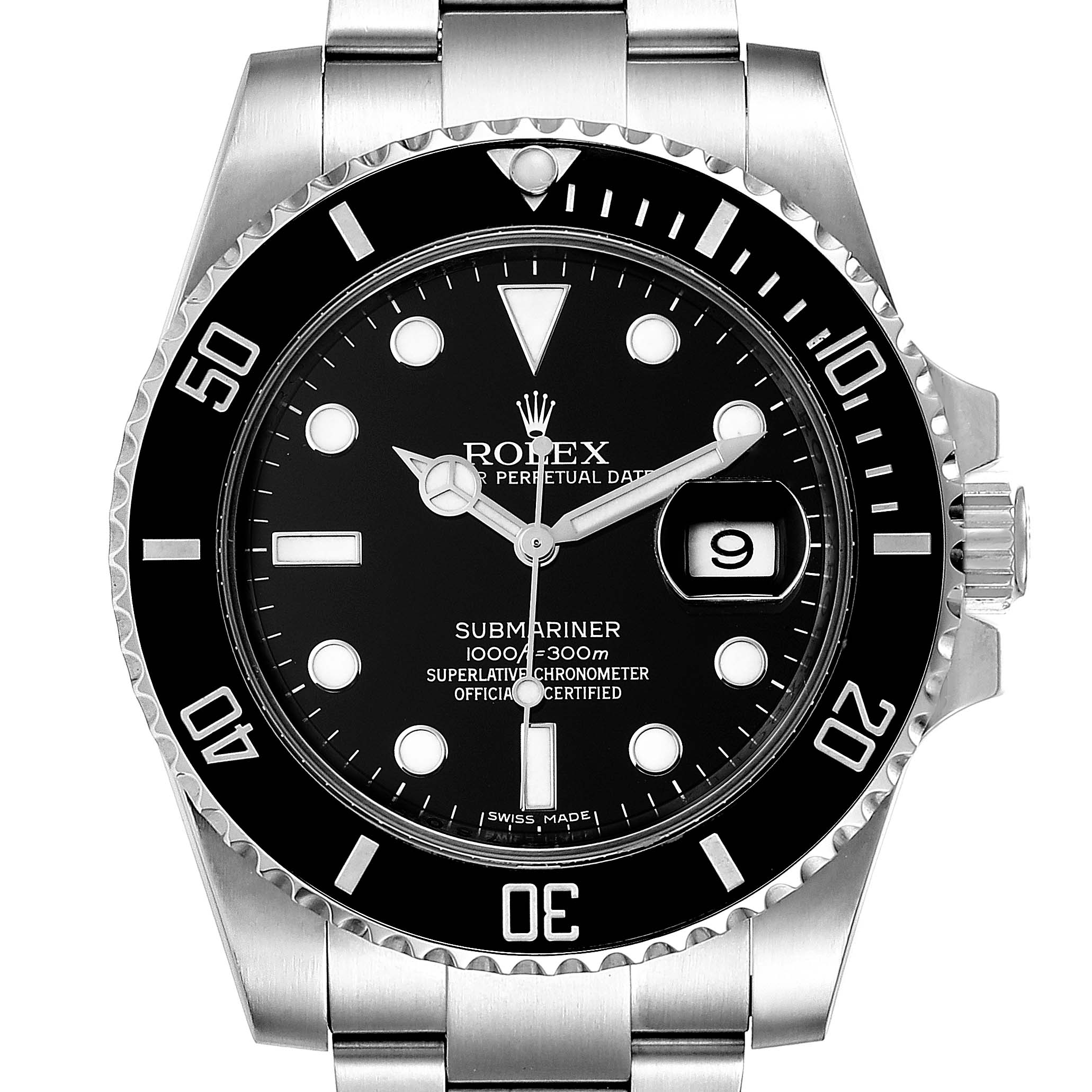 This close-up image shows the face, bezel, and part of the bracelet of a Rolex Submariner 116610LN Men's Stainless Steel Black Dial 116610LN Men's Stainless Steel Black Dial watch.