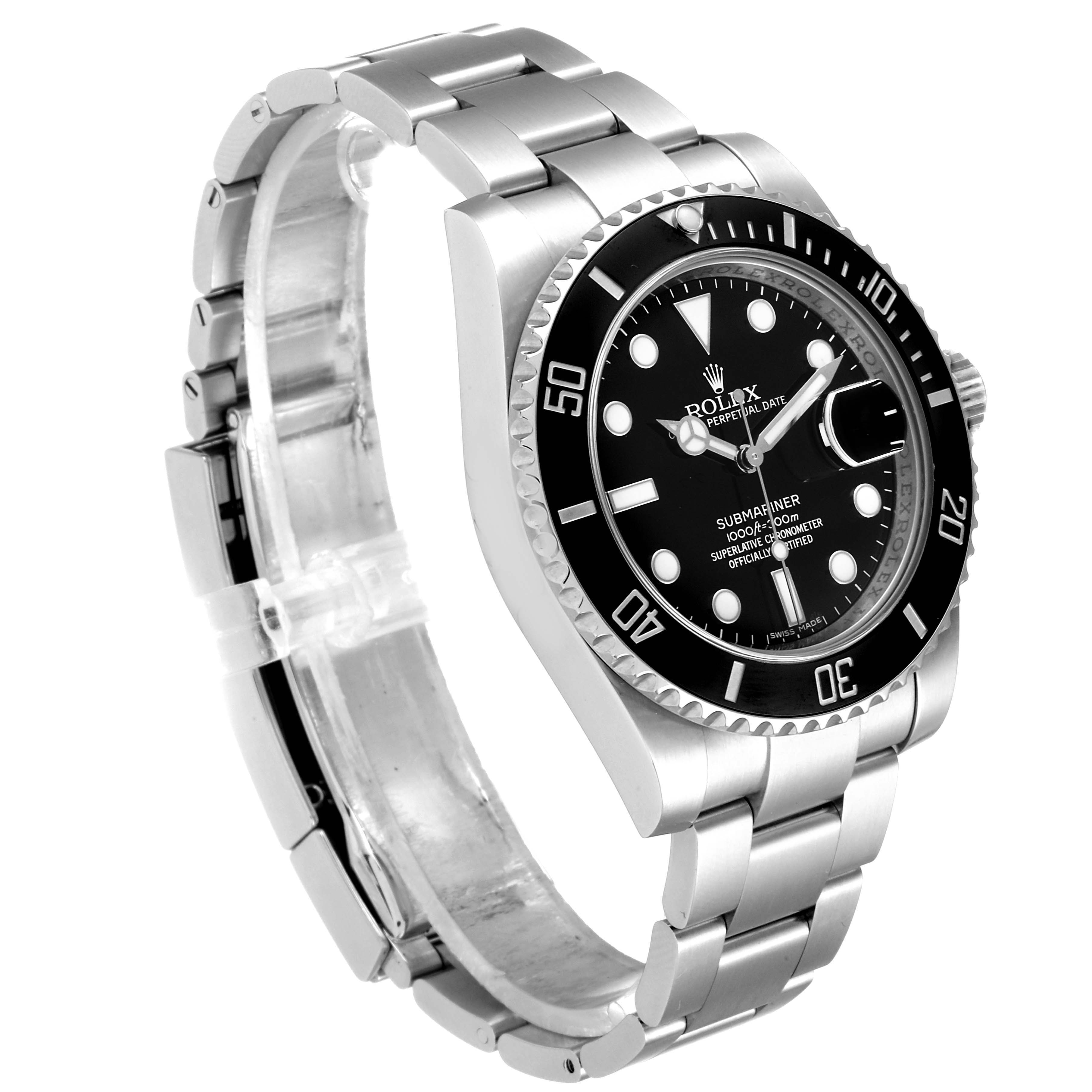 The Rolex Submariner 116610LN Men's Stainless Steel Black Dial 116610LN Men's Stainless Steel Black Dial watch is shown at a 3/4 angle, highlighting the face, bezel, crown, and bracelet.