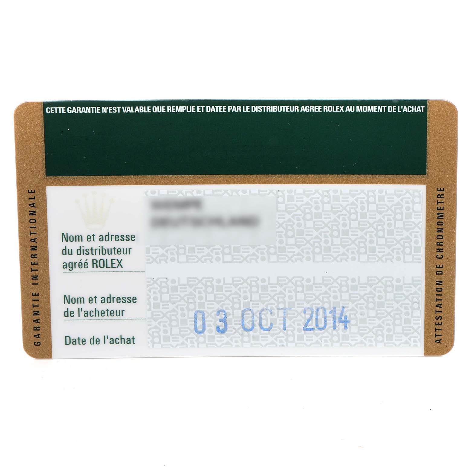 The image shows a warranty card for the Rolex Submariner 116610LN Men's Stainless Steel Black Dial 116610LN Men's Stainless Steel Black Dial watch.