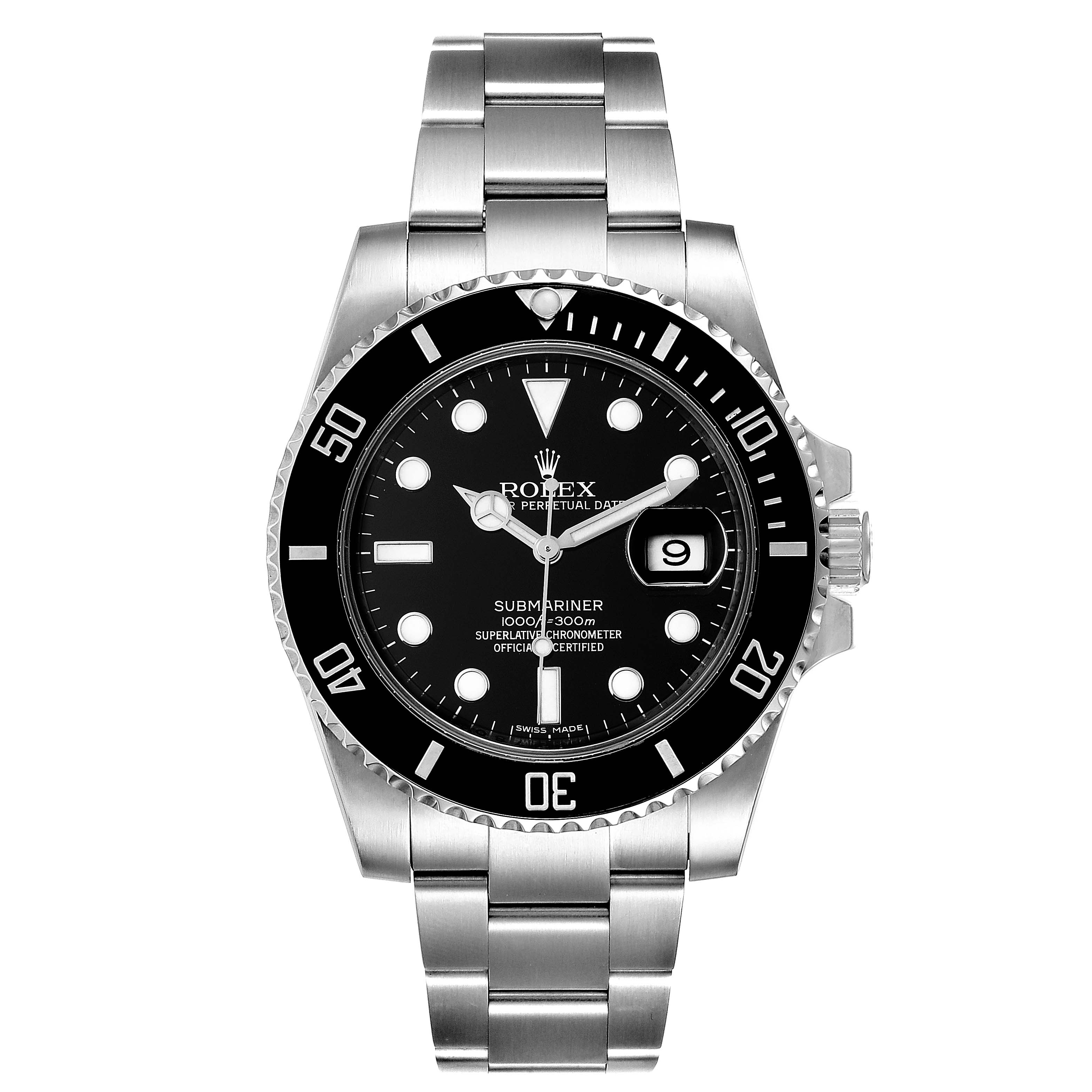 This image shows a frontal view of the Rolex Submariner 116610LN Men's Stainless Steel Black Dial 116610LN Men's Stainless Steel Black Dial, detailing its black dial, date window, bezel, and stainless steel bracelet.