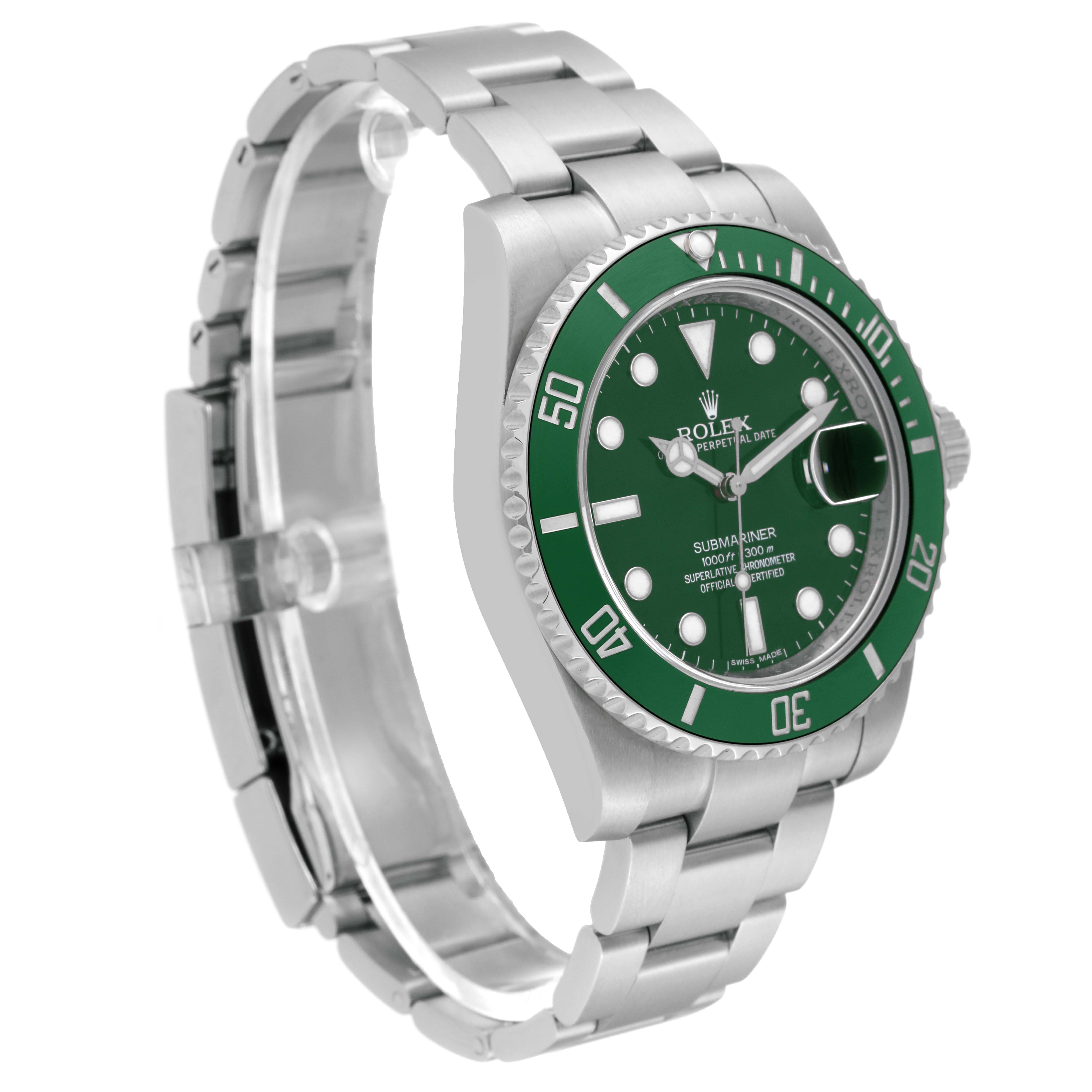The image shows a side angle of a Rolex Submariner 116610LV Men's Stainless Steel Green Dial 116610LV Men's Stainless Steel Green Dial, highlighting its green dial, bezel, and stainless steel bracelet.