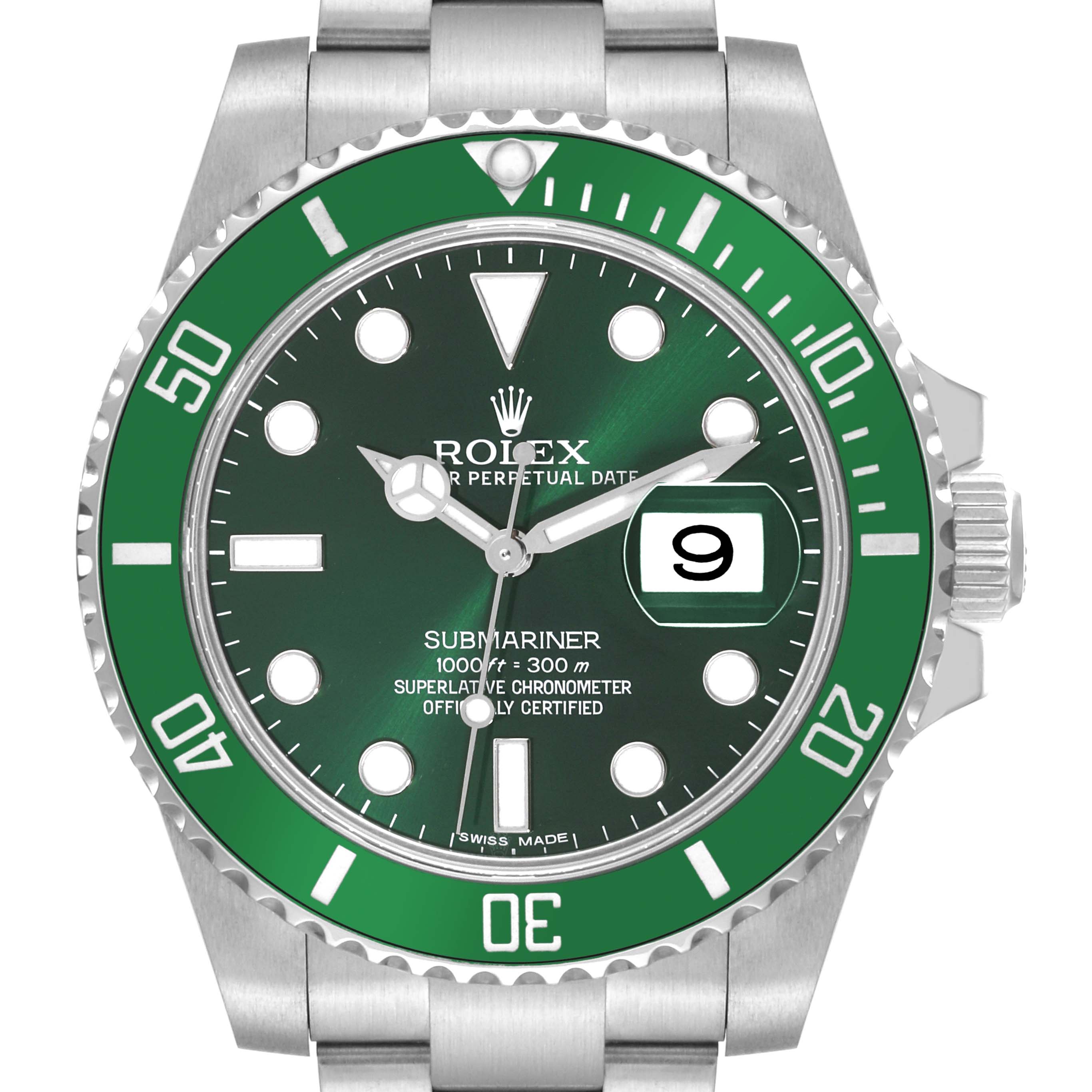 This image shows a Rolex Submariner 116610LV Men's Stainless Steel Green Dial 116610LV Men's Stainless Steel Green Dial watch front-on, highlighting its green bezel, dial, and stainless steel bracelet.