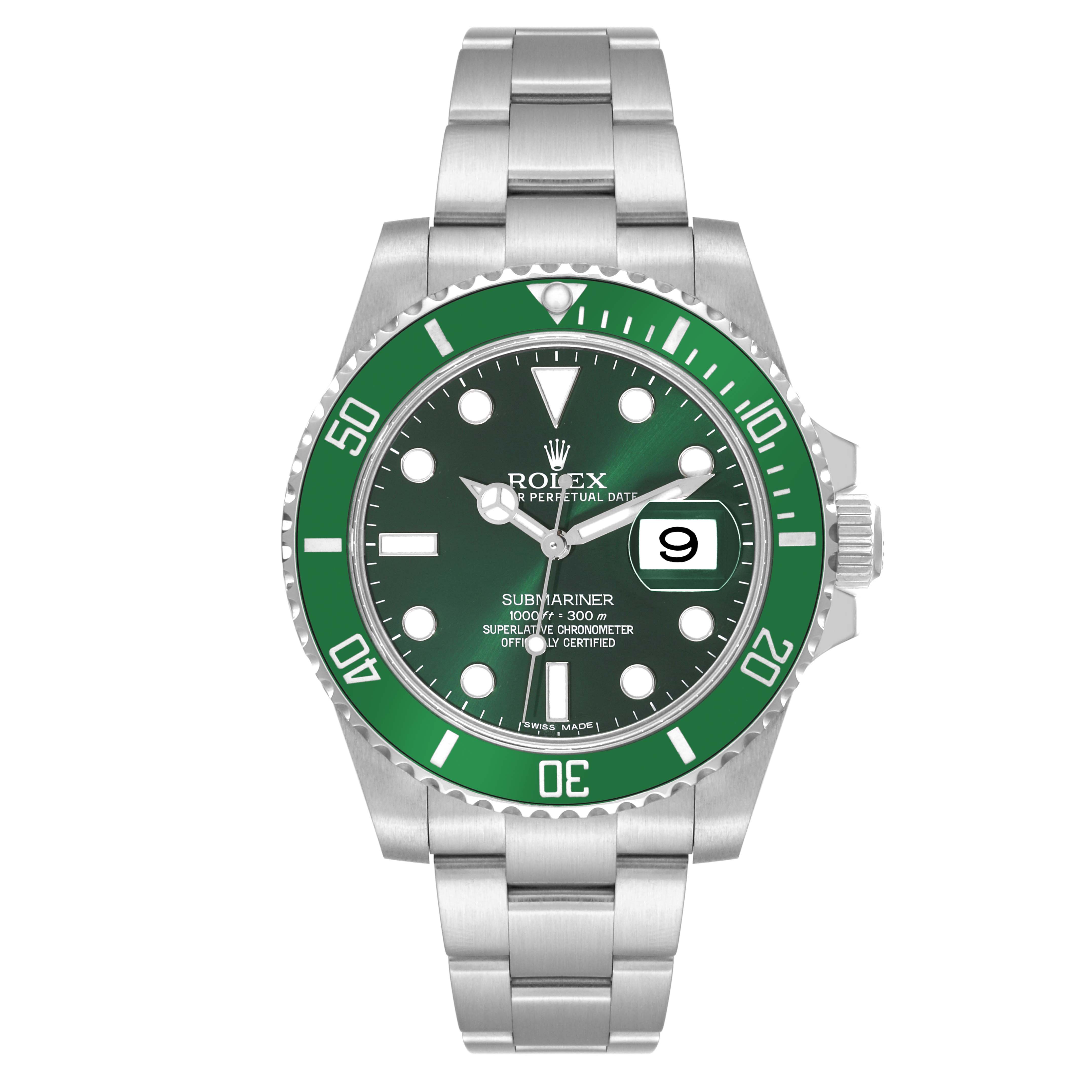 This image shows a front view of a Rolex Submariner 116610LV Men's Stainless Steel Green Dial 116610LV Men's Stainless Steel Green Dial watch with a green bezel and dial on a steel bracelet.