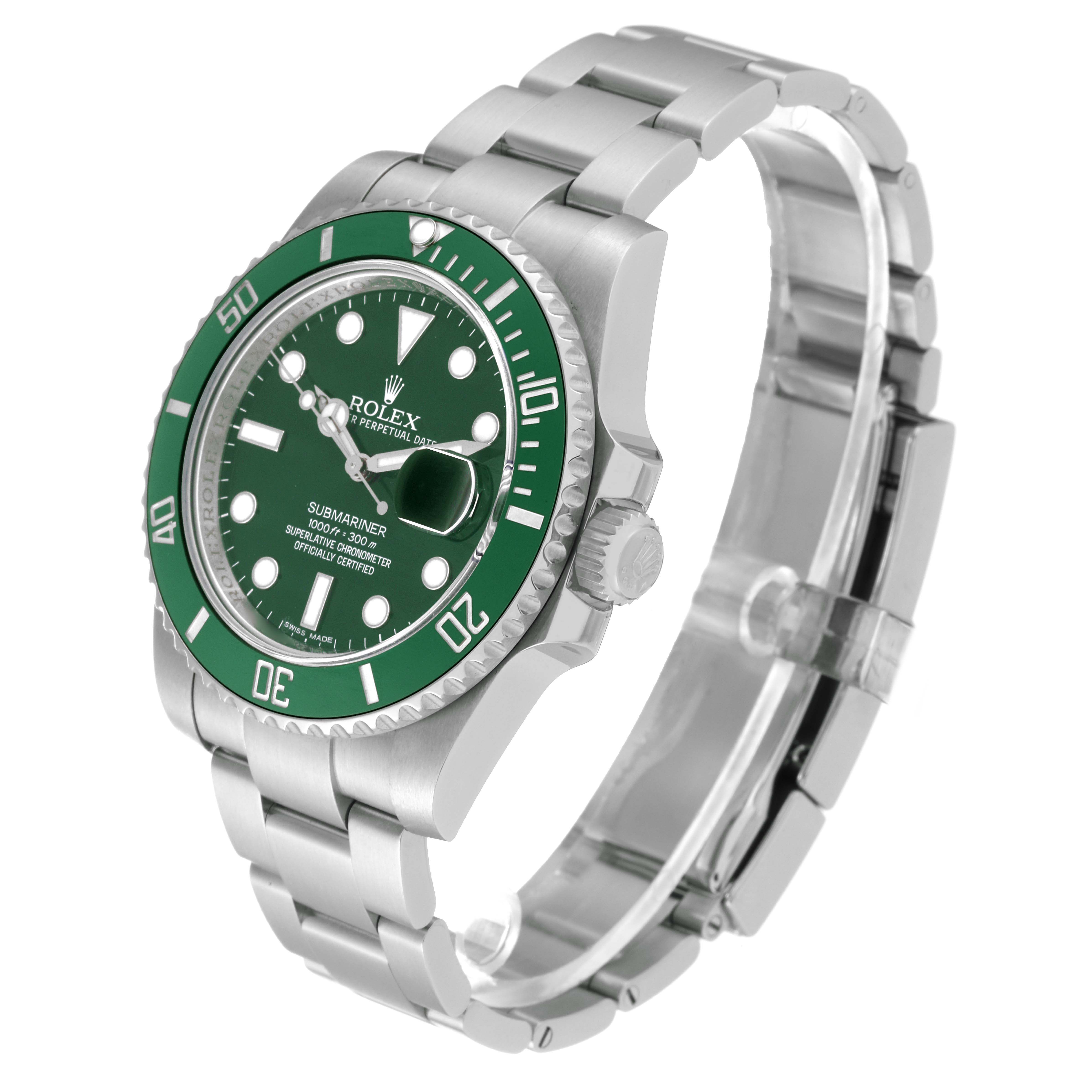 The Rolex Submariner 116610LV Men's Stainless Steel Green Dial 116610LV Men's Stainless Steel Green Dial watch is shown at a three-quarter angle, highlighting the green dial, bezel, and stainless steel bracelet.