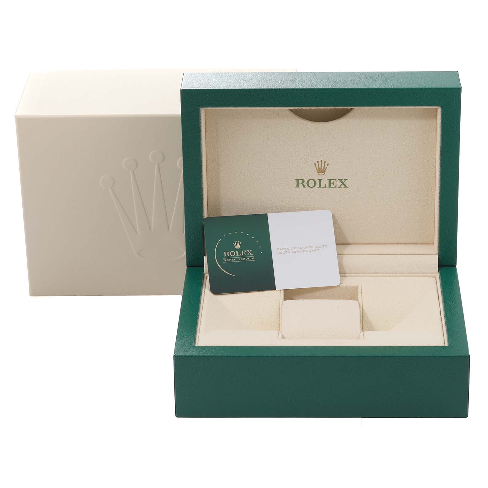 The image shows a Rolex Submariner 116610LV Men's Stainless Steel Green Dial 116610LV Men's Stainless Steel Green Dial watch box and a service card, with the box lid open revealing its interior.