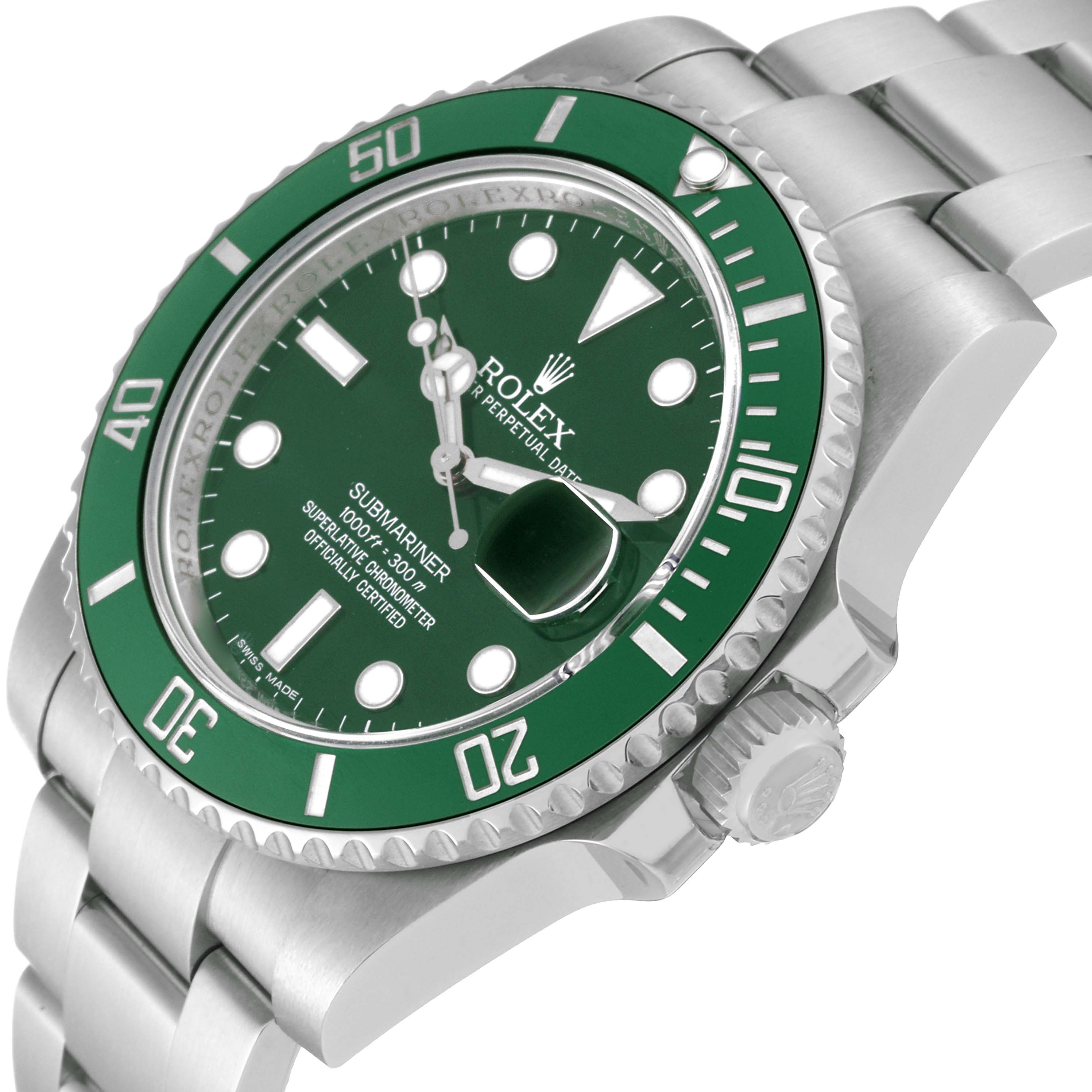 This image shows a close-up angled view of a green Rolex Submariner 116610LV Men's Stainless Steel Green Dial 116610LV Men's Stainless Steel Green Dial watch, highlighting the bezel, dial, and bracelet.