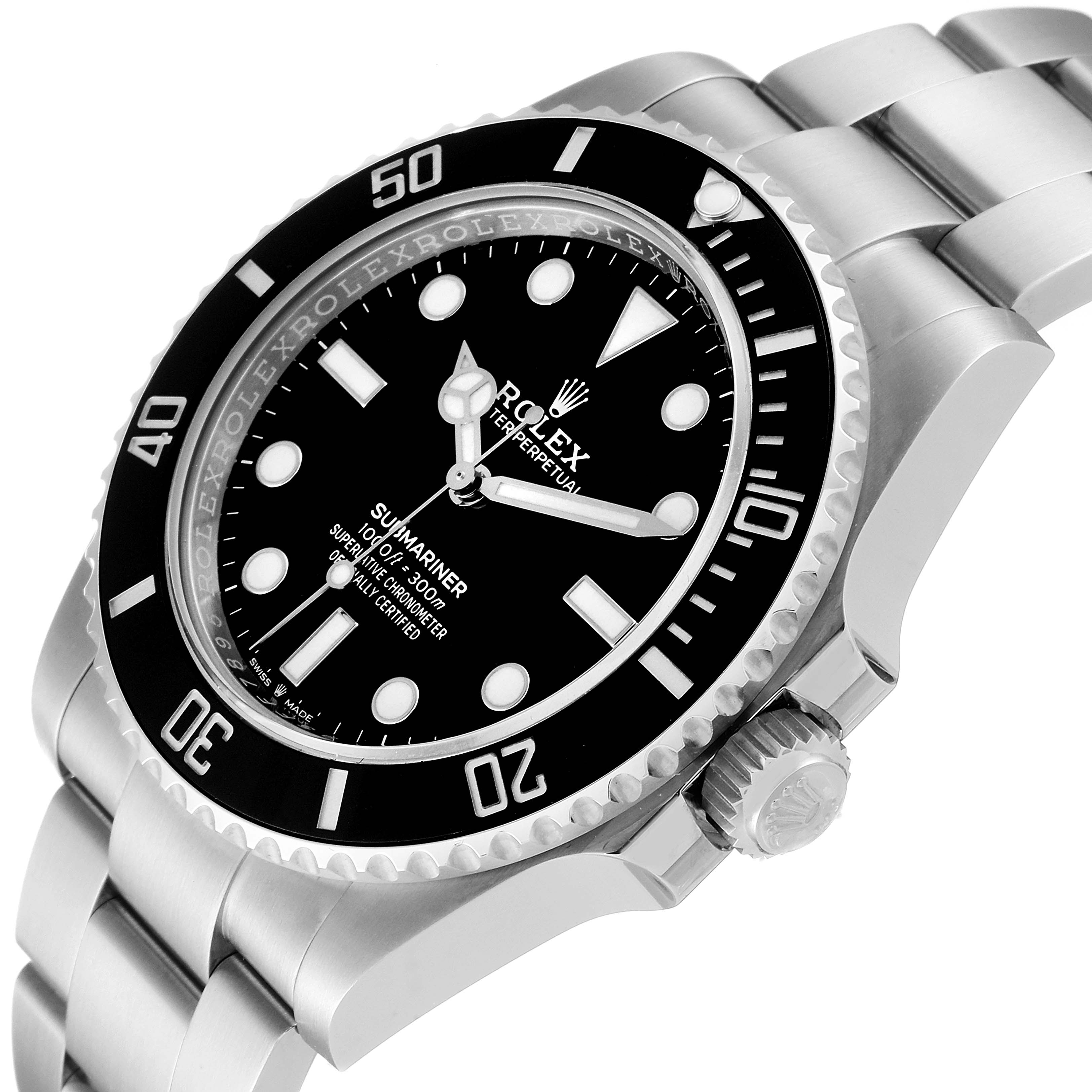 This image shows a close-up angled view of the Rolex Submariner 124060 Men
s Stainless Steel Black Dial 124060 Men
s Stainless Steel Black Dial watch, highlighting its bezel, dial, hands, and bracelet.