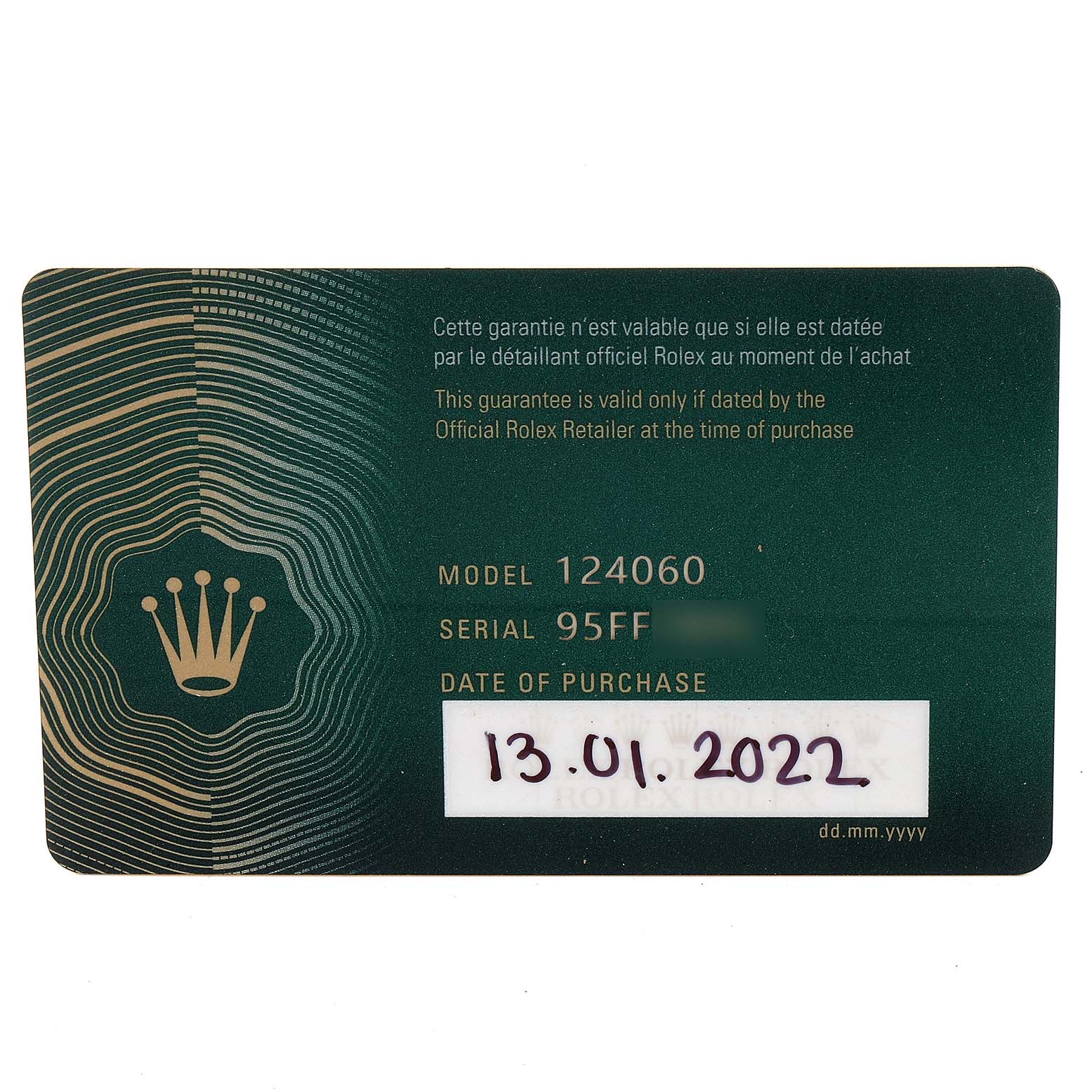 This image shows the warranty card for a Rolex Submariner 124060 Men
s Stainless Steel Black Dial 124060 Men
s Stainless Steel Black Dial model 124060, with the date of purchase written as 13.01.2022.