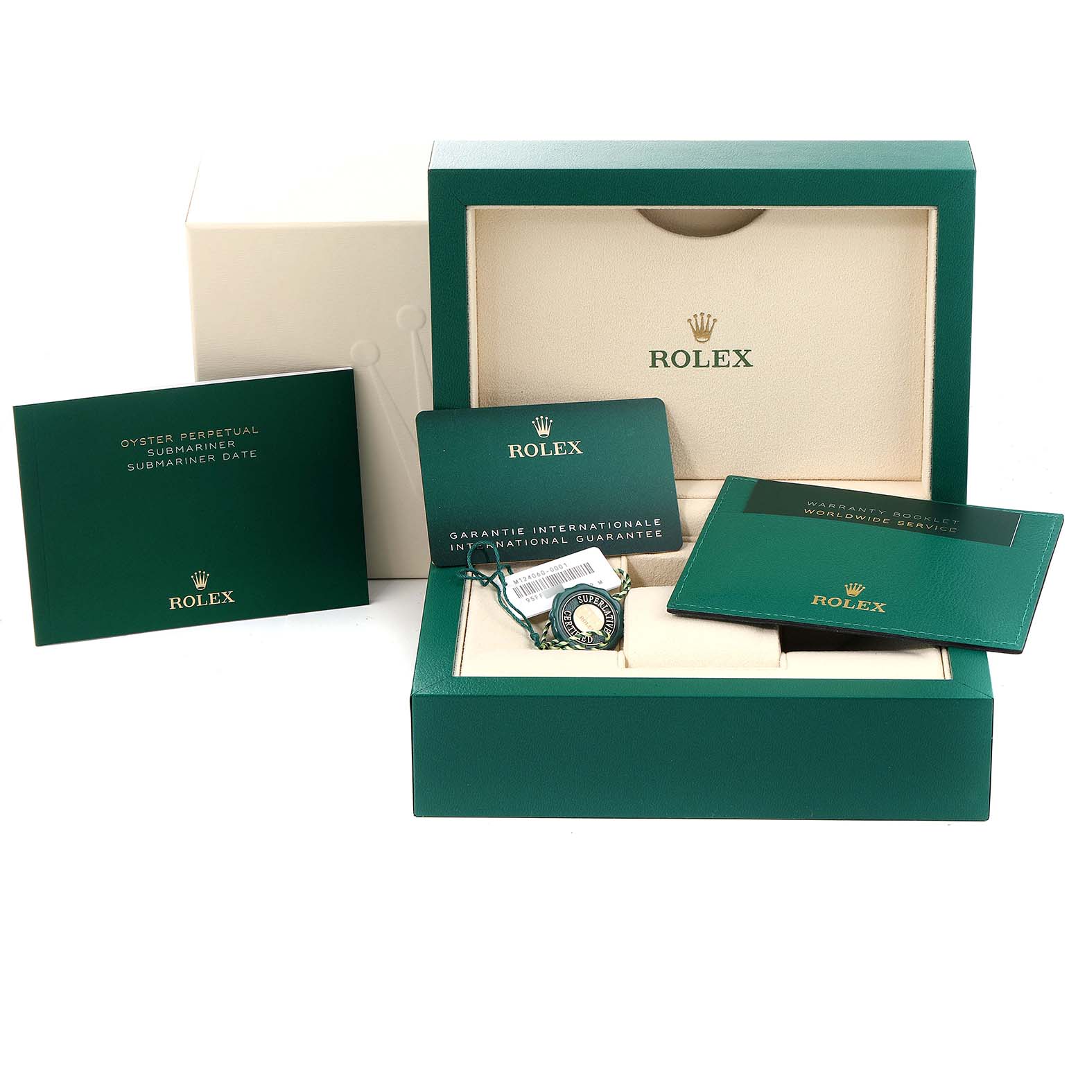 The image shows the packaging and accessories of a Rolex Submariner 124060 Men
s Stainless Steel Black Dial 124060 Men
s Stainless Steel Black Dial watch, including the box, warranty card, and booklets.