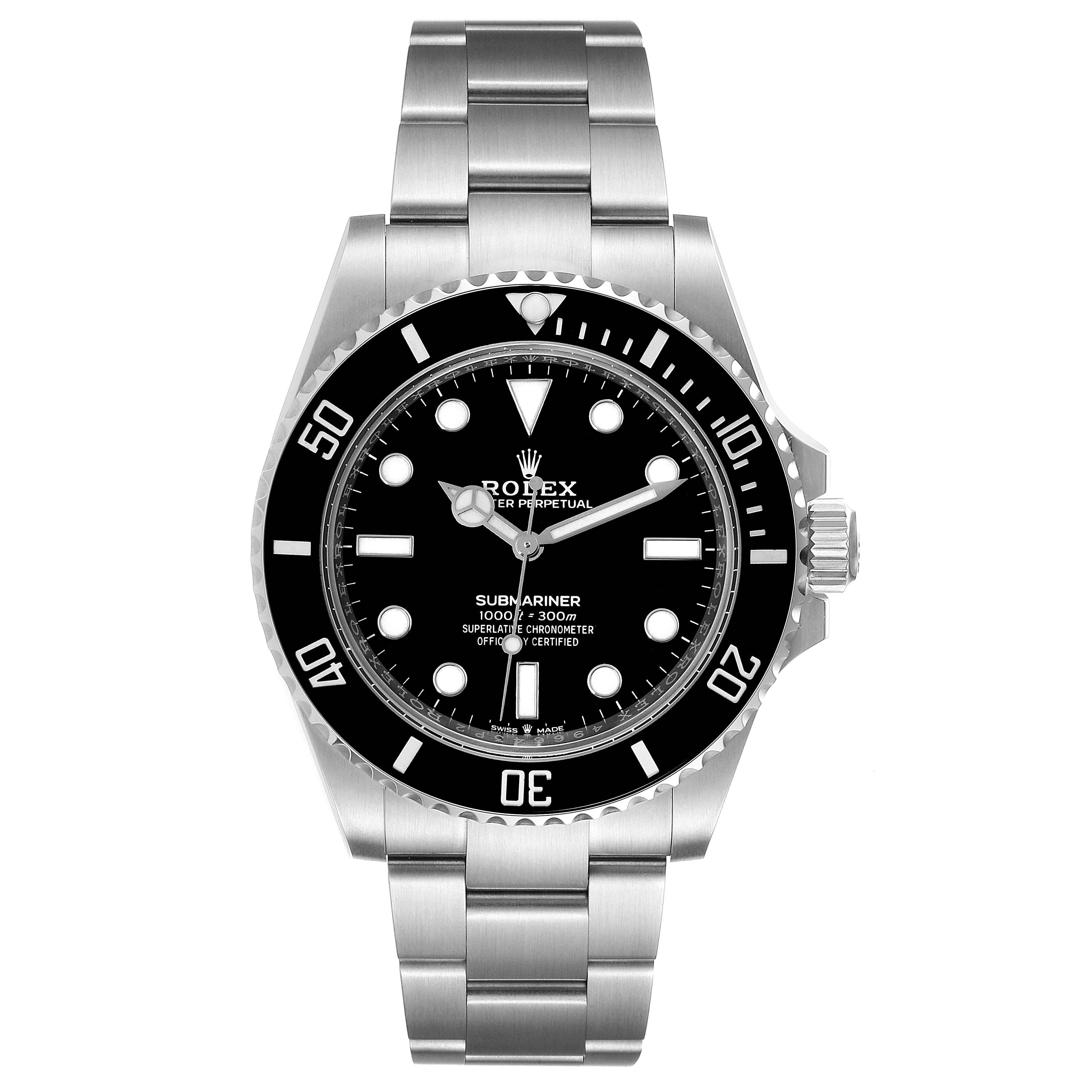 The Rolex Submariner 124060 Men
s Stainless Steel Black Dial 124060 Men
s Stainless Steel Black Dial watch is shown from a front angle, displaying its face, bezel, and stainless steel bracelet.